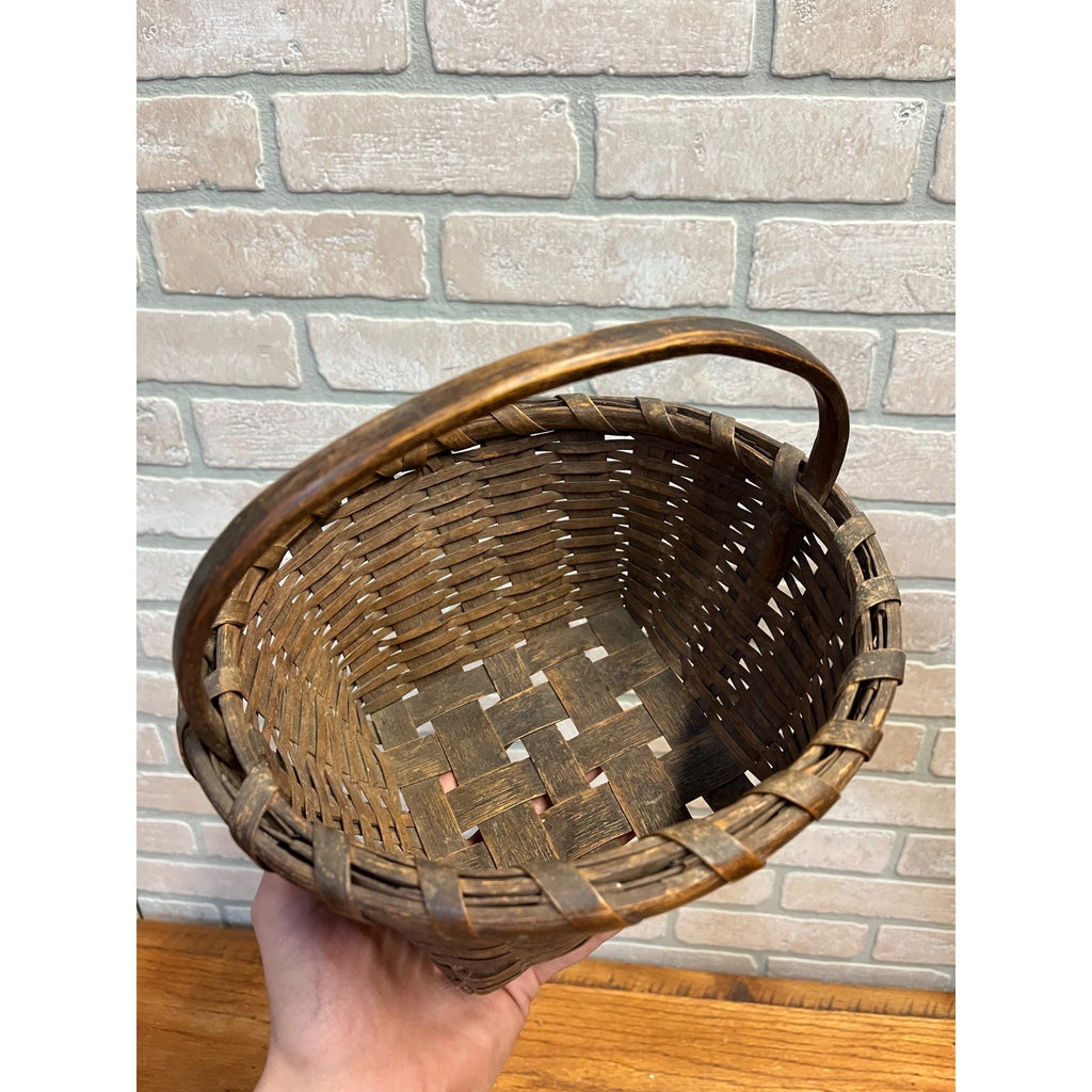 Antique Primitive 1900s Oak Splint Gathering Egg Berry Basket Bentwood Handle