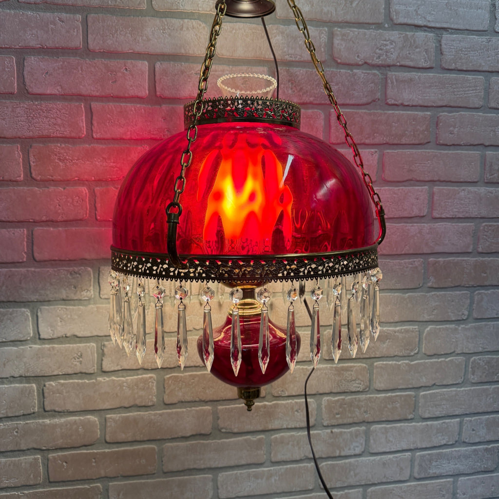 Vintage Mid Century Electric Cranberry Hanging Oil Parlor Lamp Dimpled
