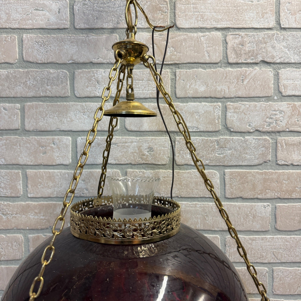Vintage Mid Century Electric Cranberry Hanging Oil Parlor Lamp Dimpled