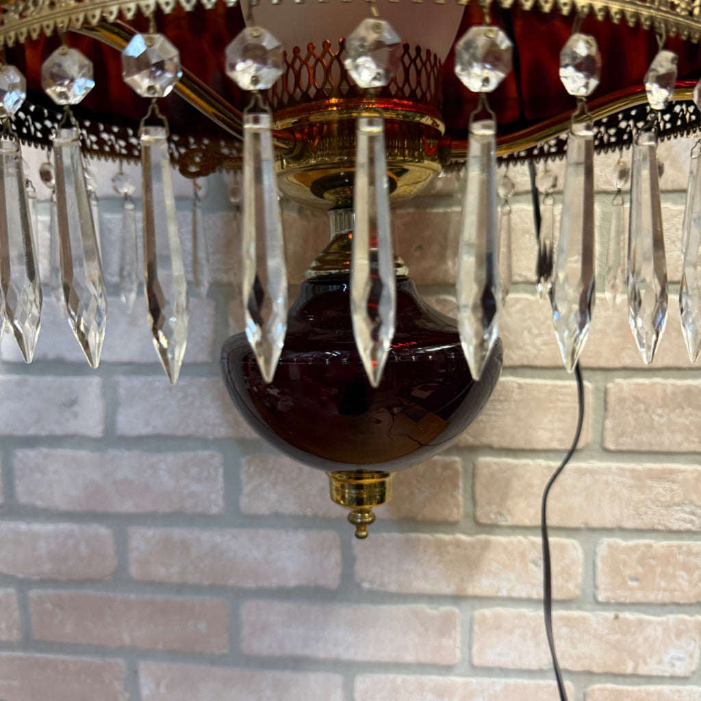 Vintage Mid Century Electric Cranberry Hanging Oil Parlor Lamp Dimpled