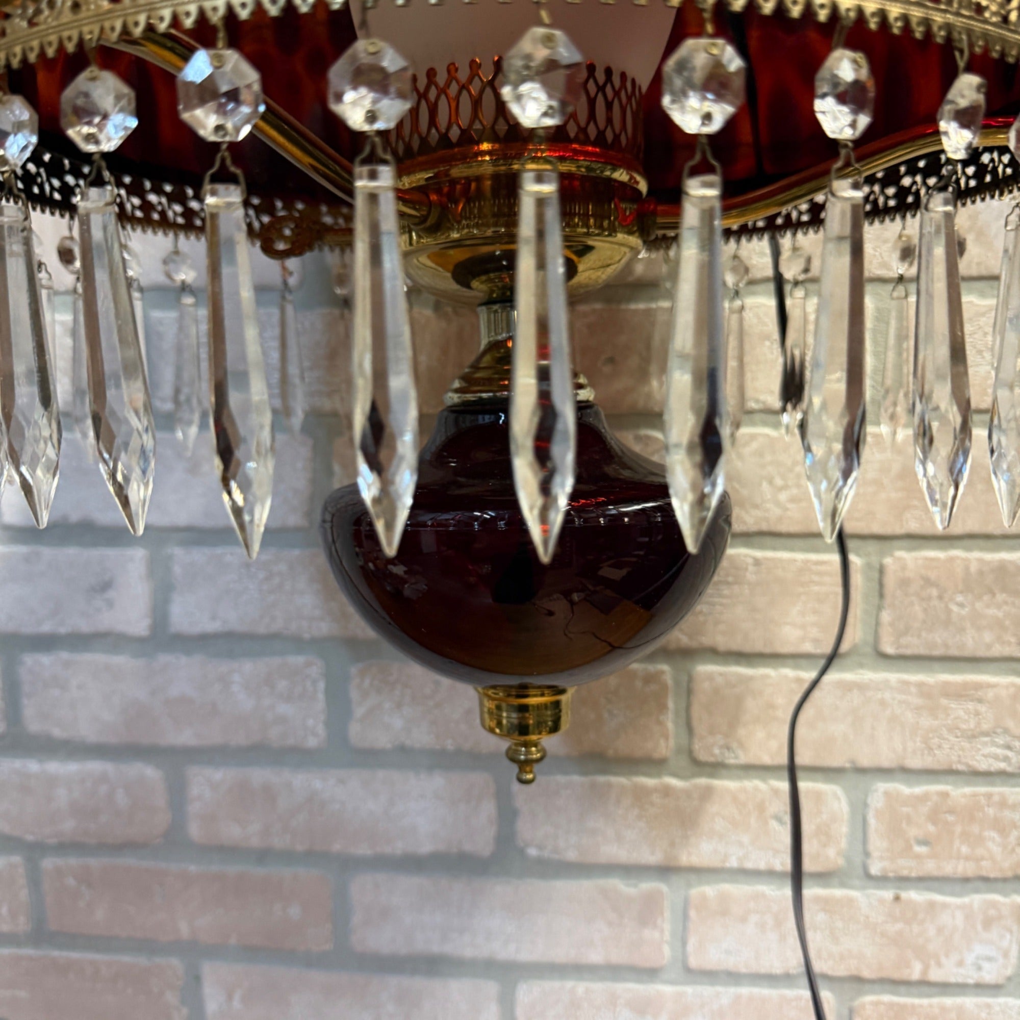 Vintage Mid Century Electric Cranberry Hanging Oil Parlor Lamp Dimpled