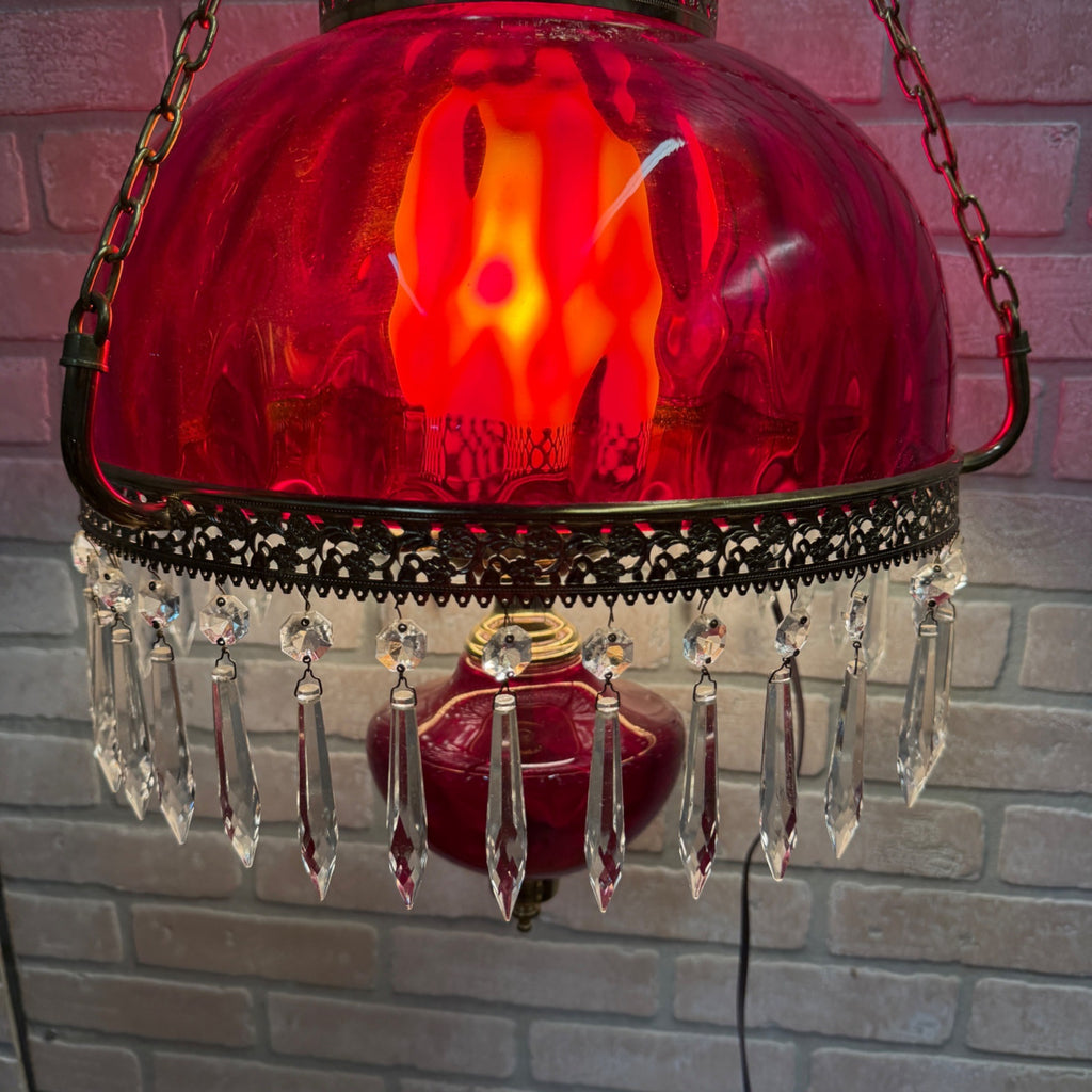 Vintage Mid Century Electric Cranberry Hanging Oil Parlor Lamp Dimpled