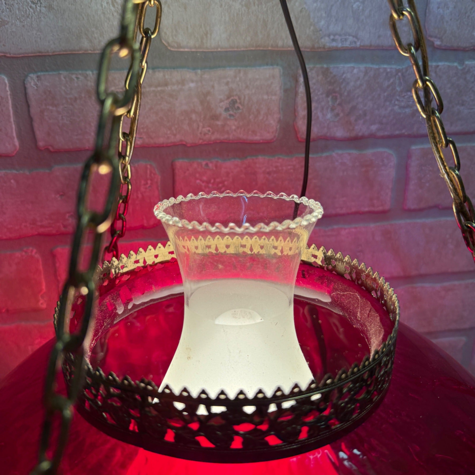 Vintage Mid Century Electric Cranberry Hanging Oil Parlor Lamp Dimpled