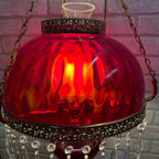 Vintage Mid Century Electric Cranberry Hanging Oil Parlor Lamp Dimpled