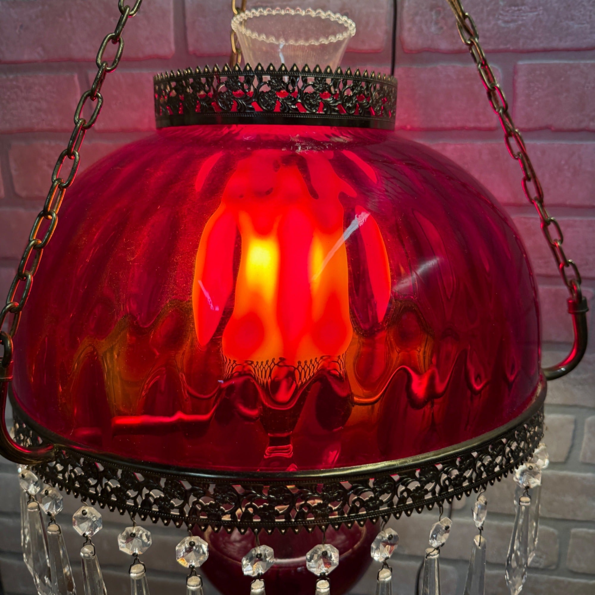 Vintage Mid Century Electric Cranberry Hanging Oil Parlor Lamp Dimpled