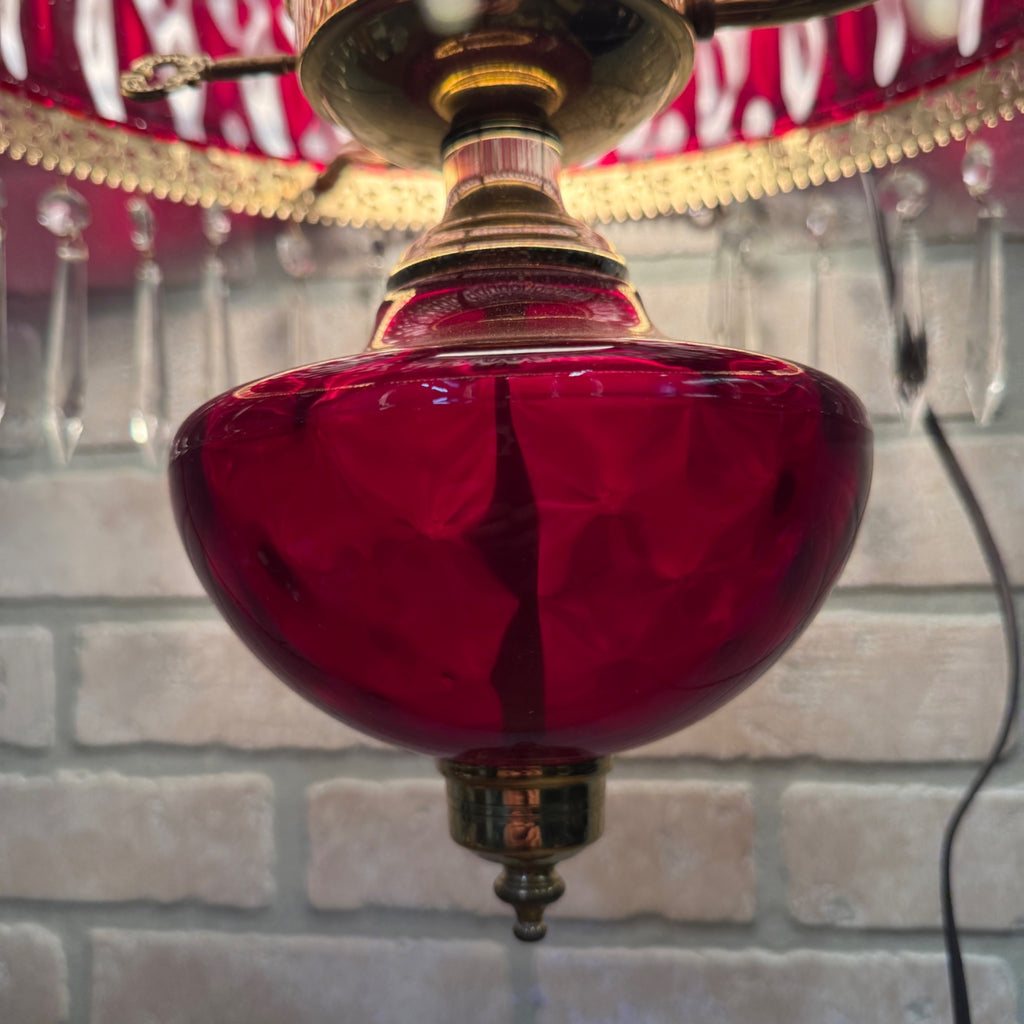 Vintage Mid Century Electric Cranberry Hanging Oil Parlor Lamp Dimpled