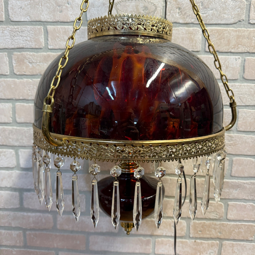 Vintage Mid Century Electric Cranberry Hanging Oil Parlor Lamp Dimpled