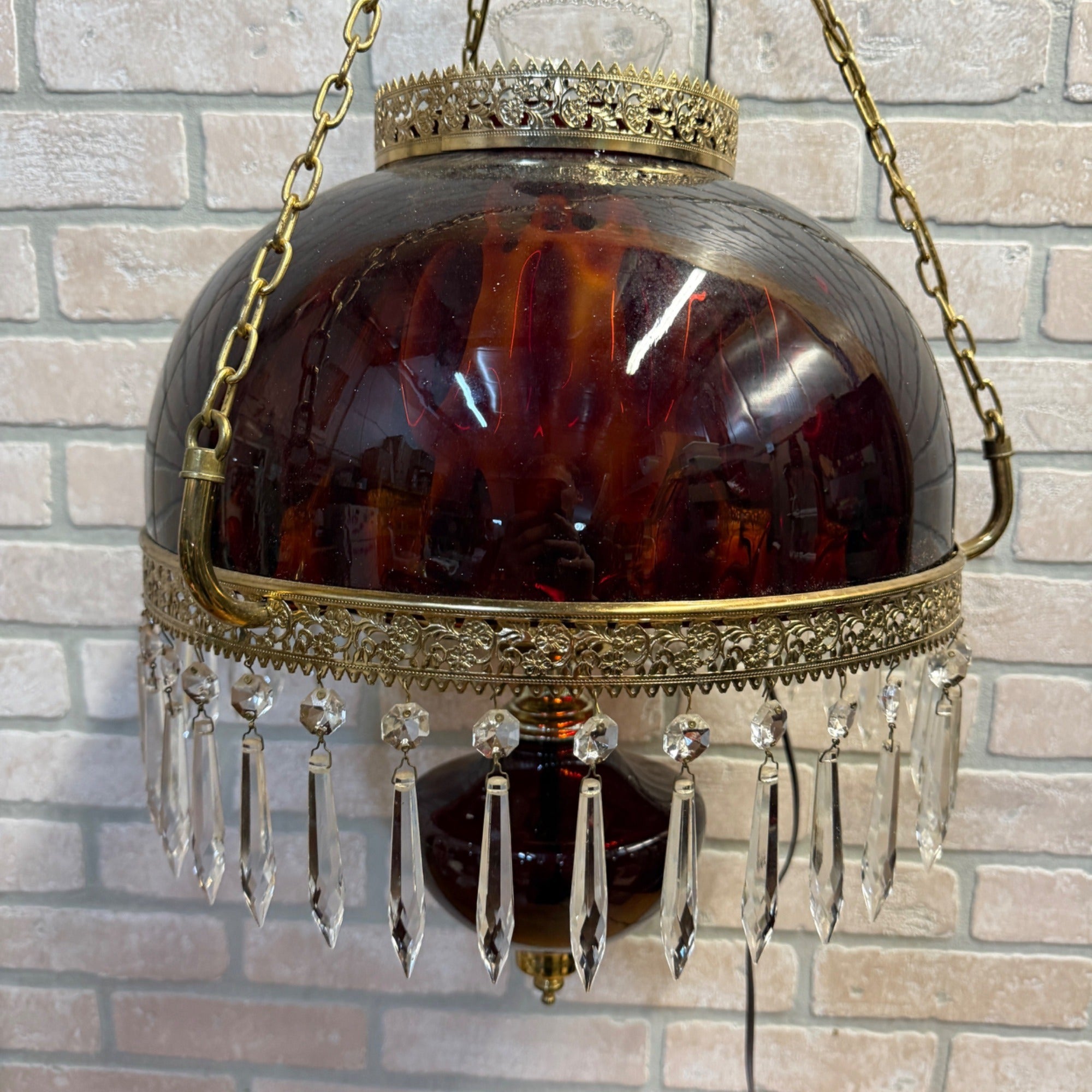 Vintage Mid Century Electric Cranberry Hanging Oil Parlor Lamp Dimpled