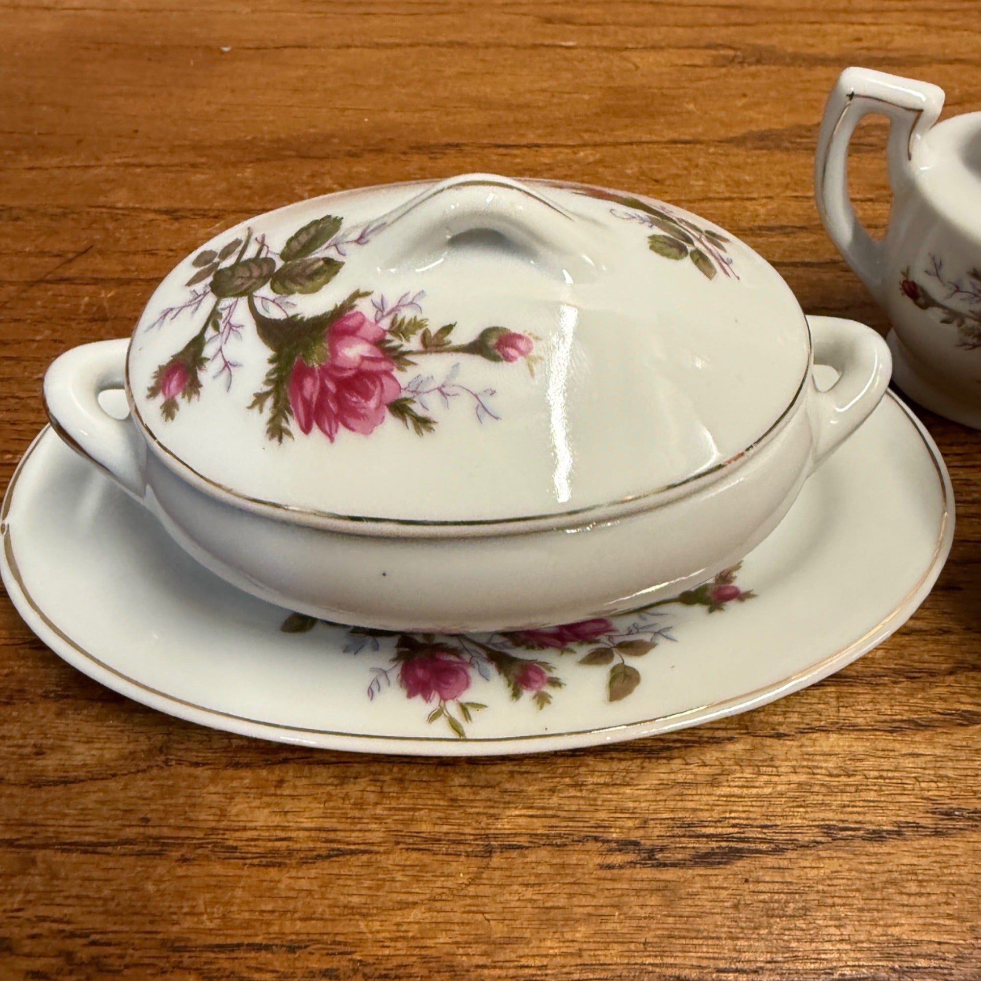 Vintage 1950s 24pc Child’s Miniature Moss Rose Tea & Dinner Set Japan W/ Box
