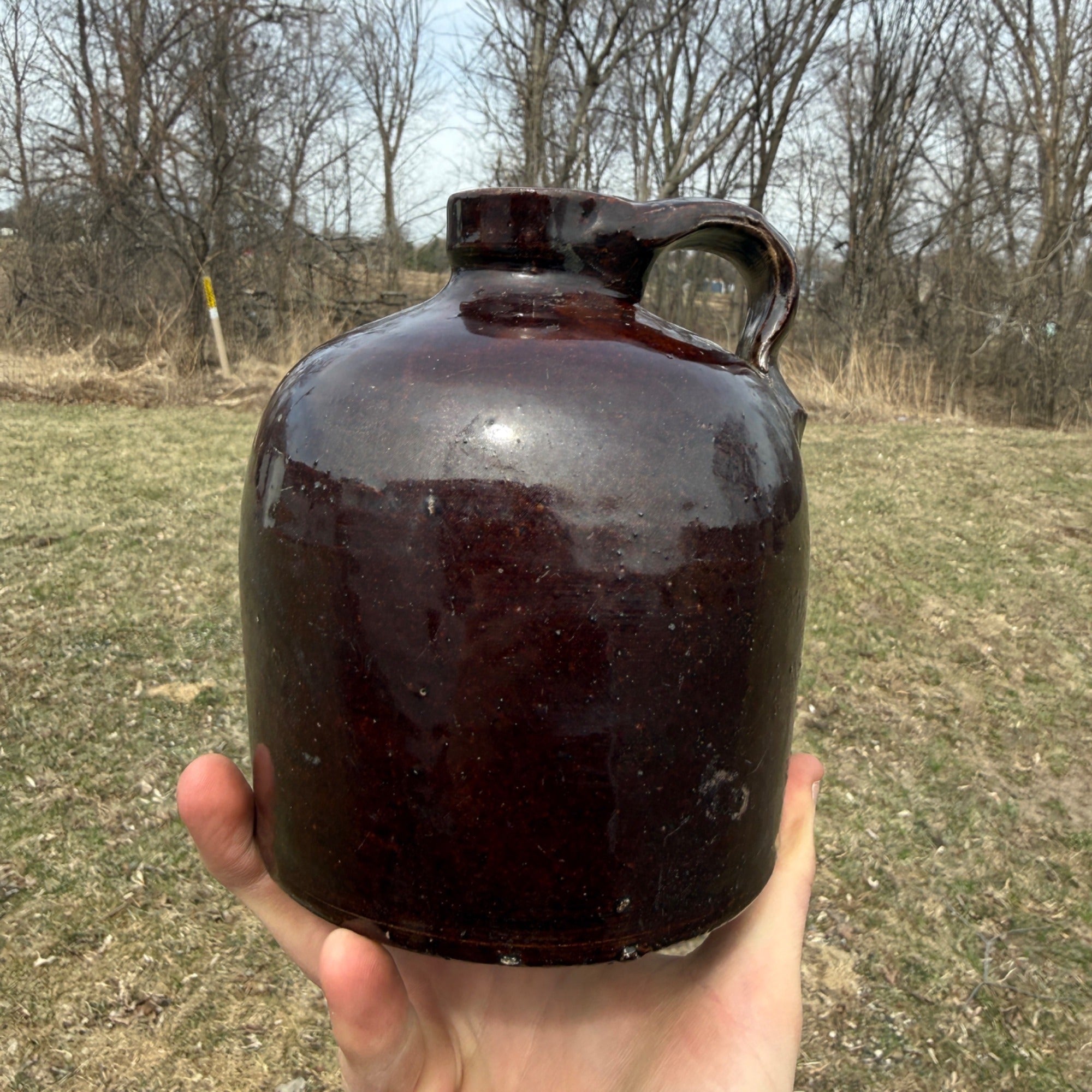 Antique Pint Size Small Stoneware Primitive Brown Glazed Common Jug