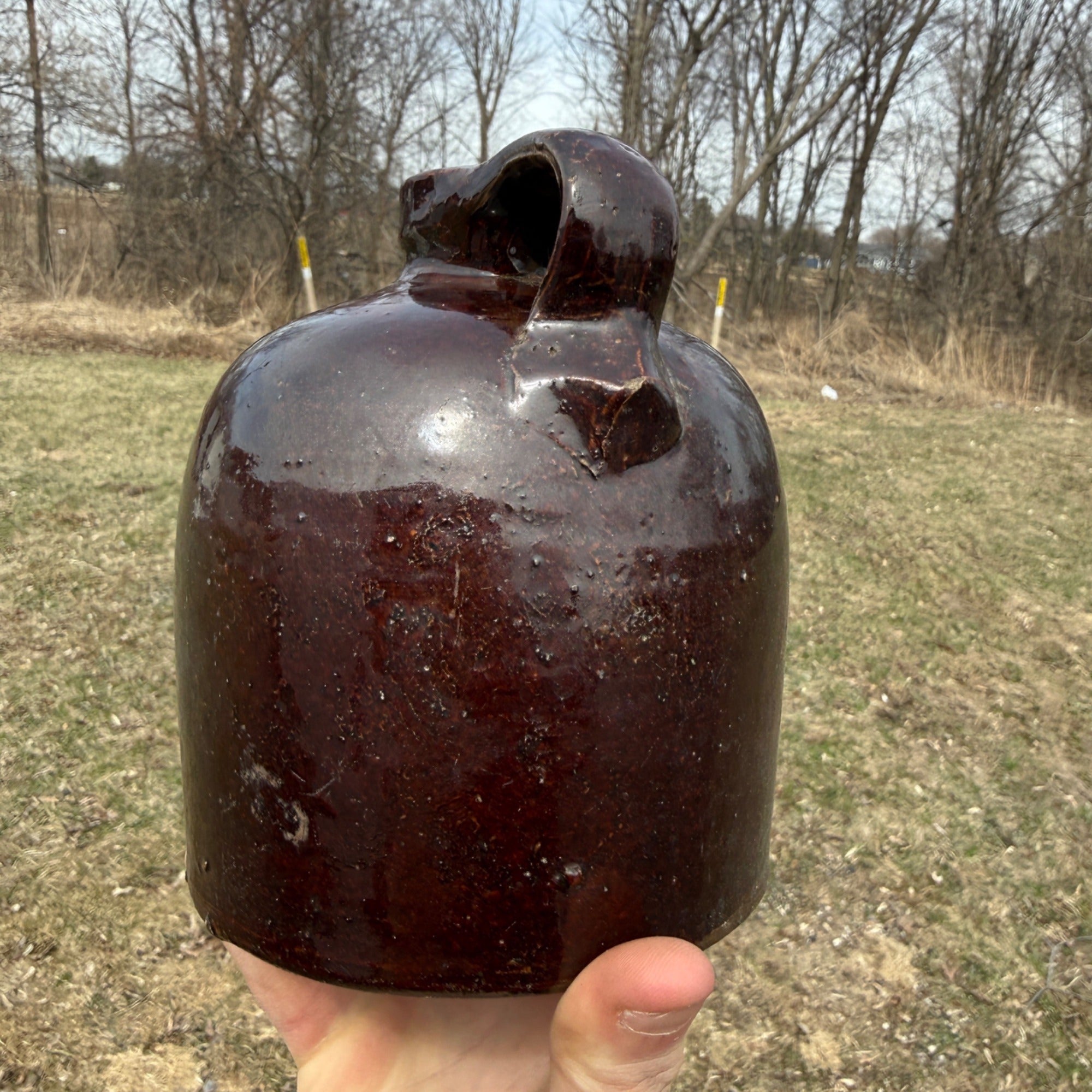 Antique Pint Size Small Stoneware Primitive Brown Glazed Common Jug