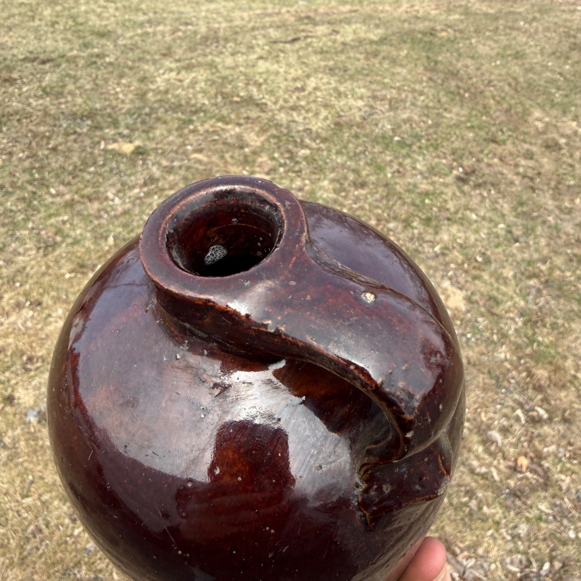 Antique Pint Size Small Stoneware Primitive Brown Glazed Common Jug