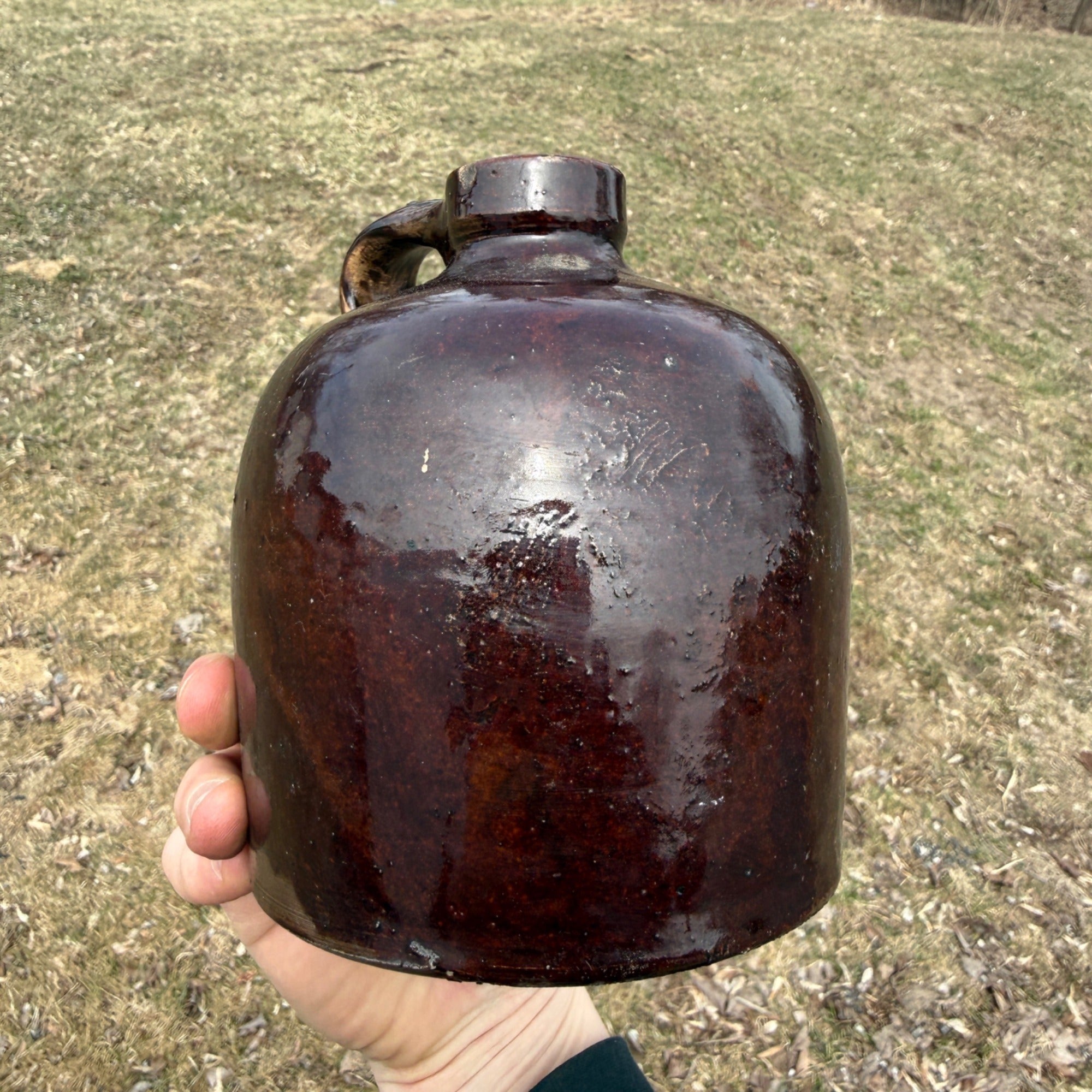 Antique Pint Size Small Stoneware Primitive Brown Glazed Common Jug