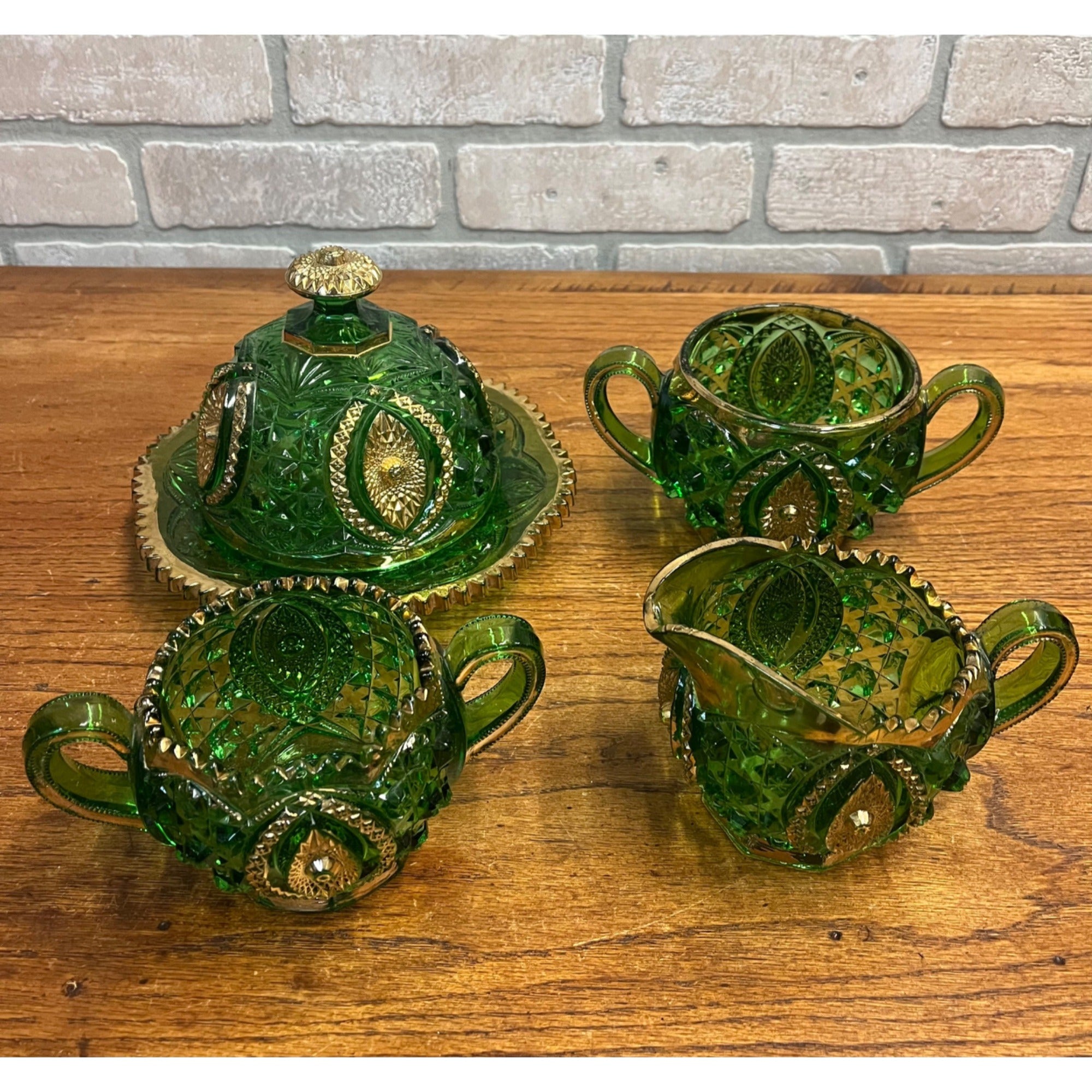 Antique EAPG Northwoods Emerald Green Butter Dish Sugar Bowl Condiment Bowl SET