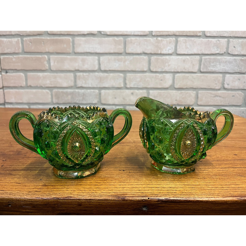 Antique EAPG Northwoods Emerald Green Butter Dish Sugar Bowl Condiment Bowl SET