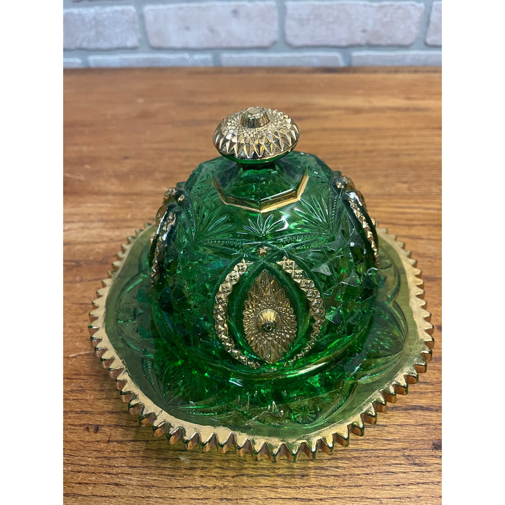 Antique EAPG Northwoods Emerald Green Butter Dish Sugar Bowl Condiment Bowl SET