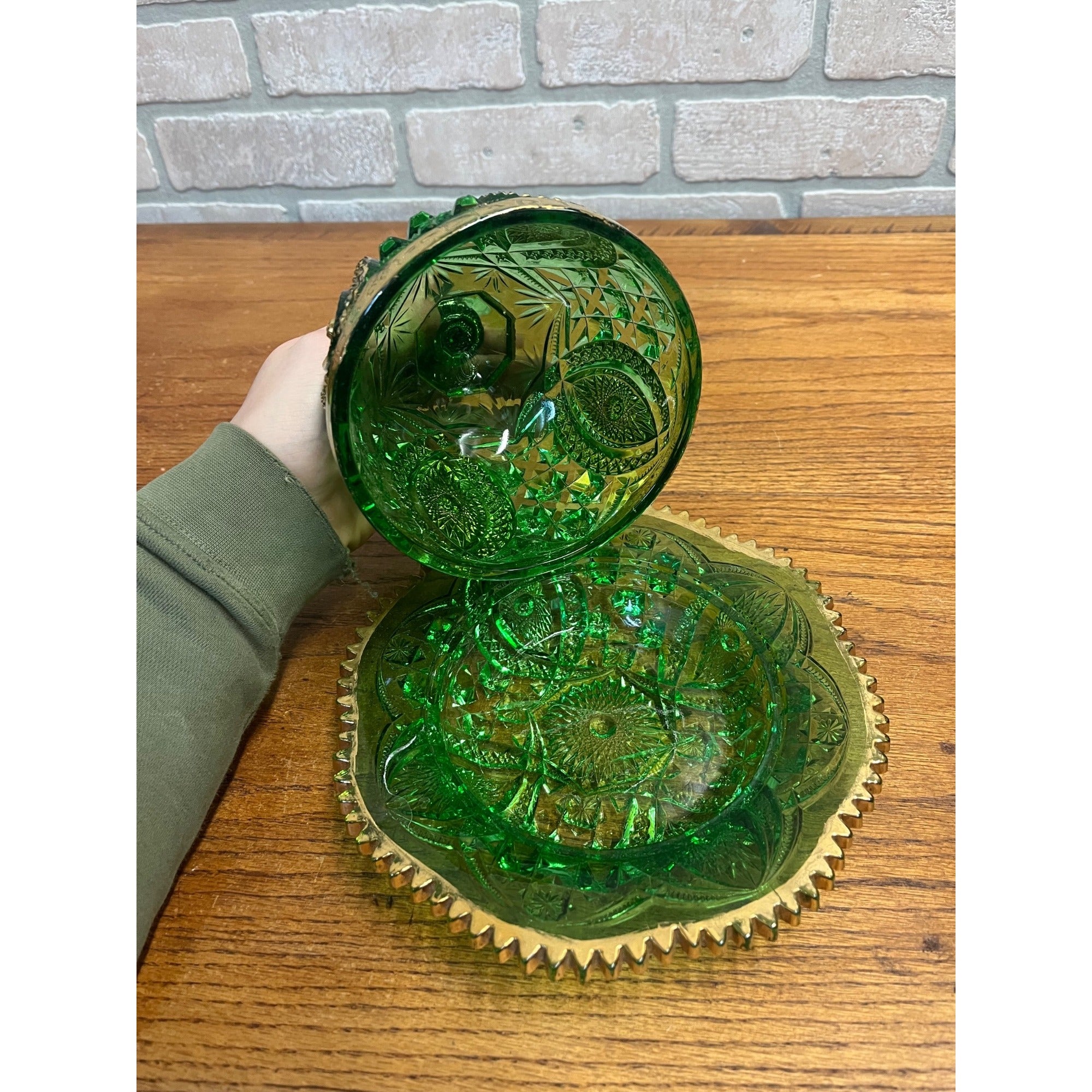 Antique EAPG Northwoods Emerald Green Butter Dish Sugar Bowl Condiment Bowl SET