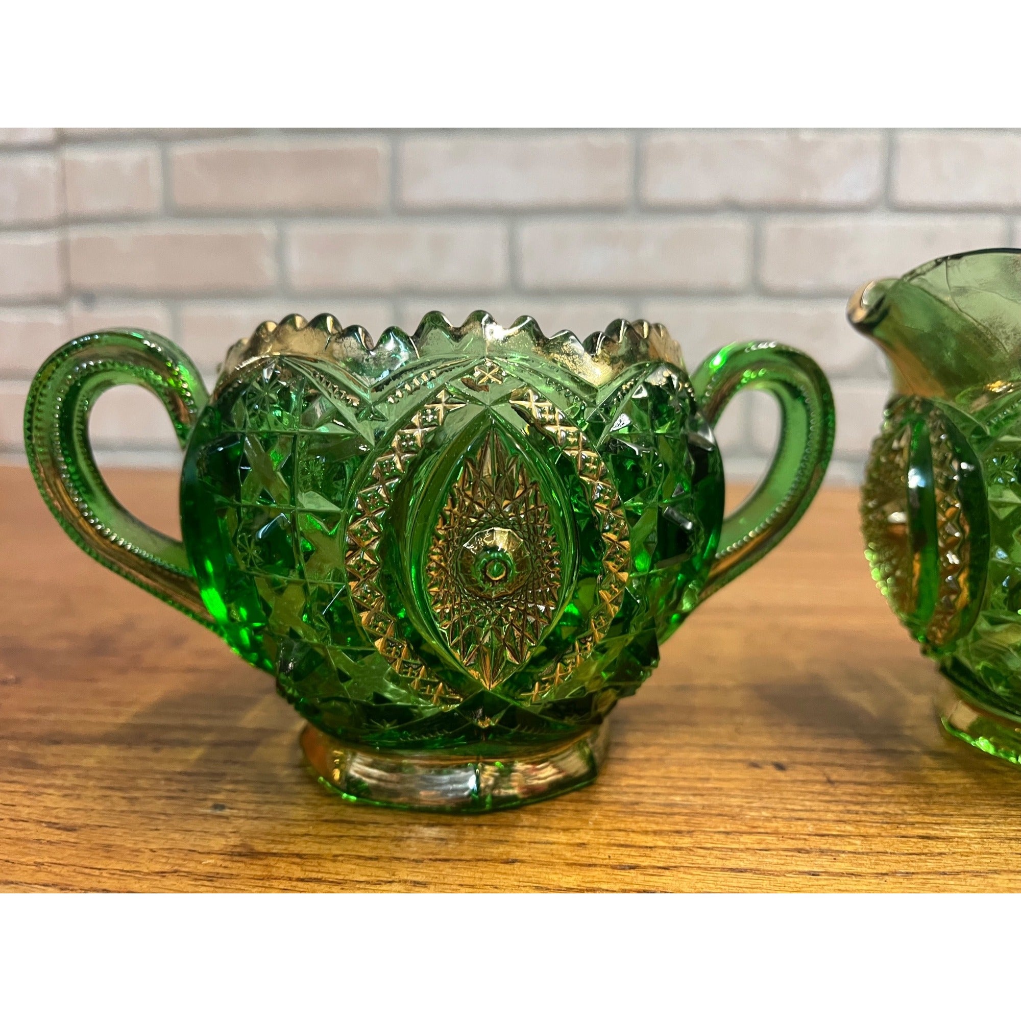Antique EAPG Northwoods Emerald Green Butter Dish Sugar Bowl Condiment Bowl SET