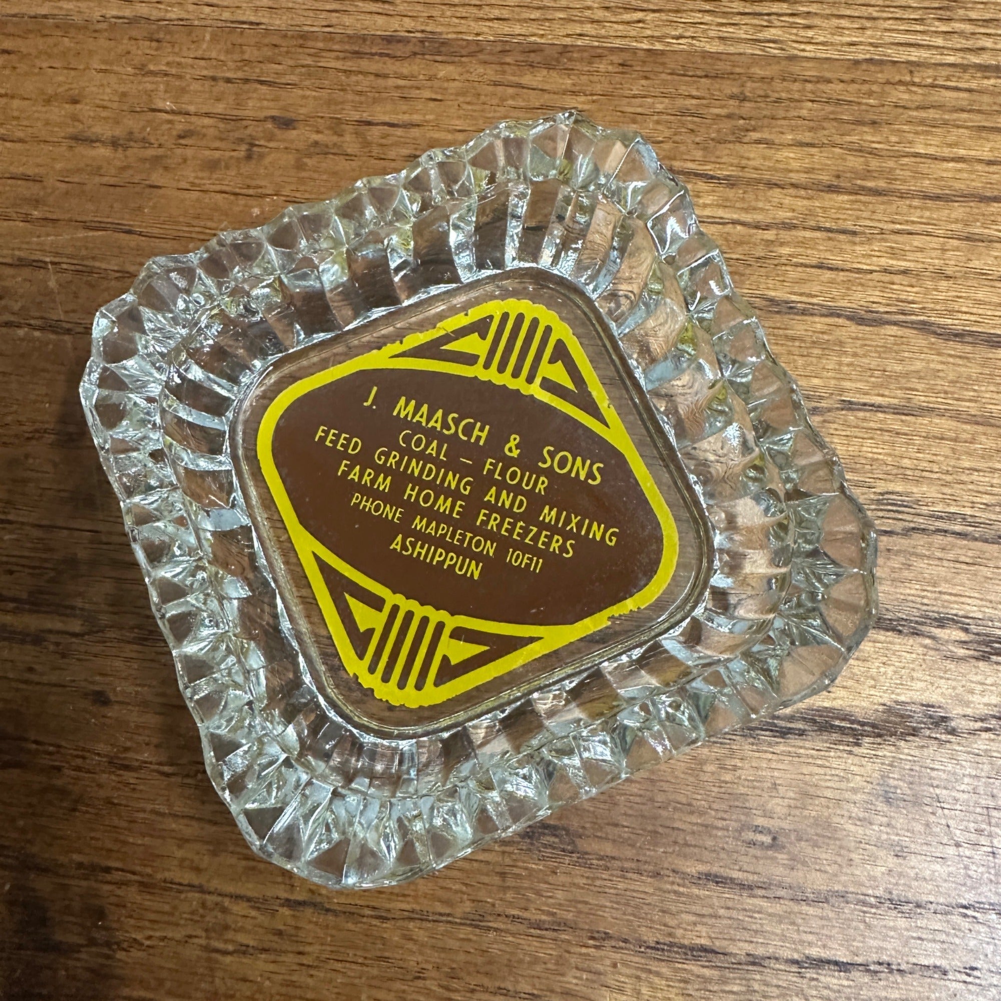 Vintage Ashippun Wisconsin Wis Advertising Glass Ashtray Farm Coal Maasch Flour