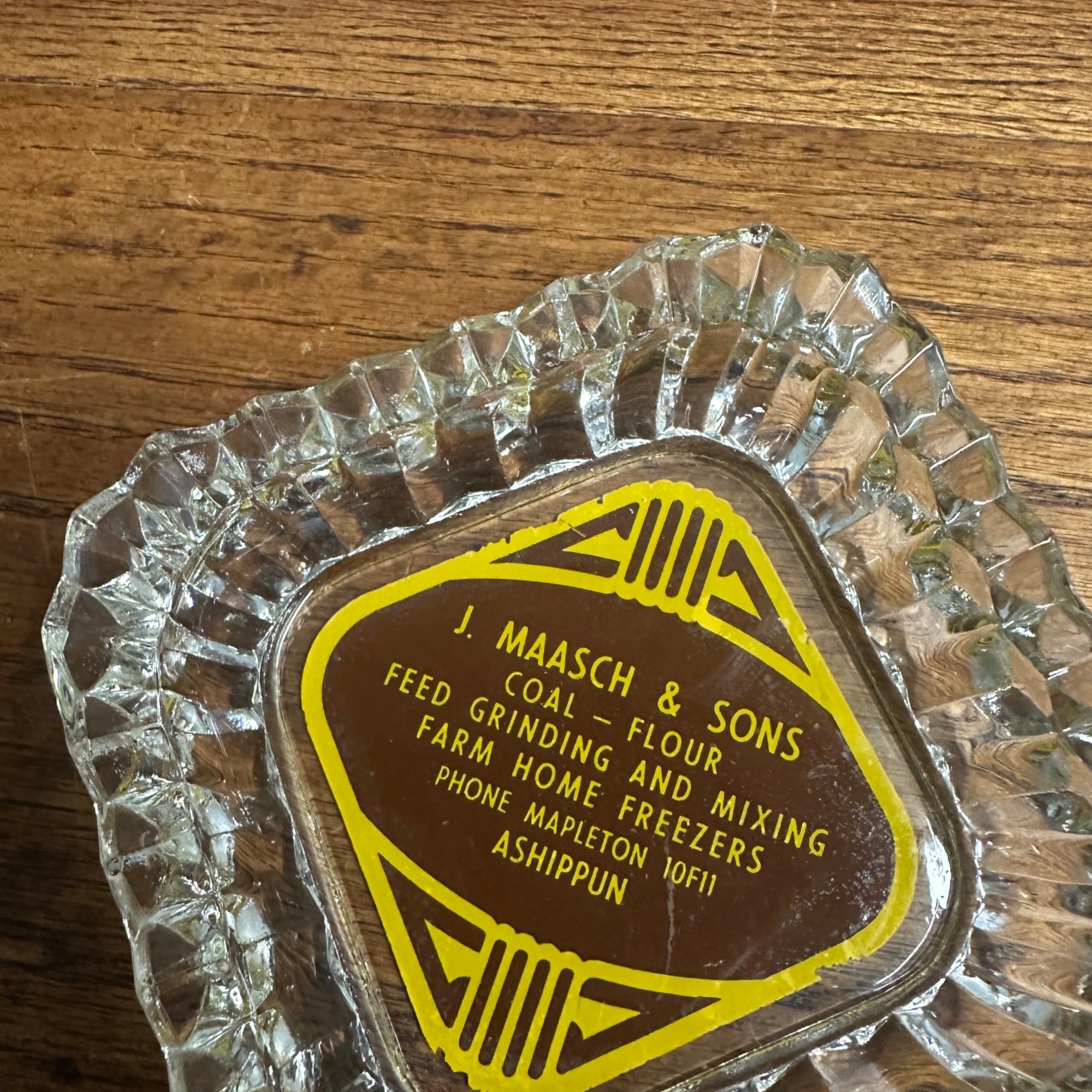 Vintage Ashippun Wisconsin Wis Advertising Glass Ashtray Farm Coal Maasch Flour