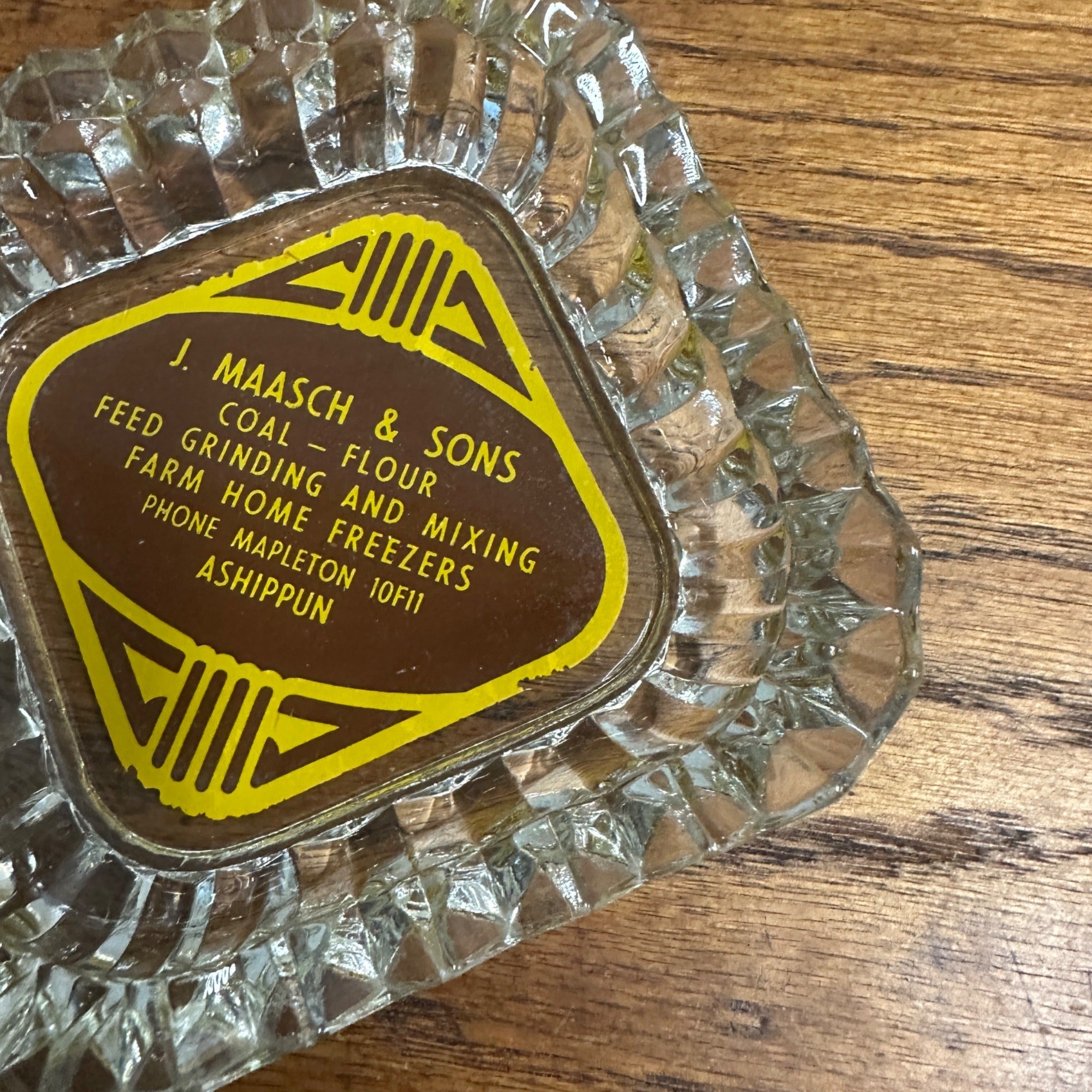 Vintage Ashippun Wisconsin Wis Advertising Glass Ashtray Farm Coal Maasch Flour