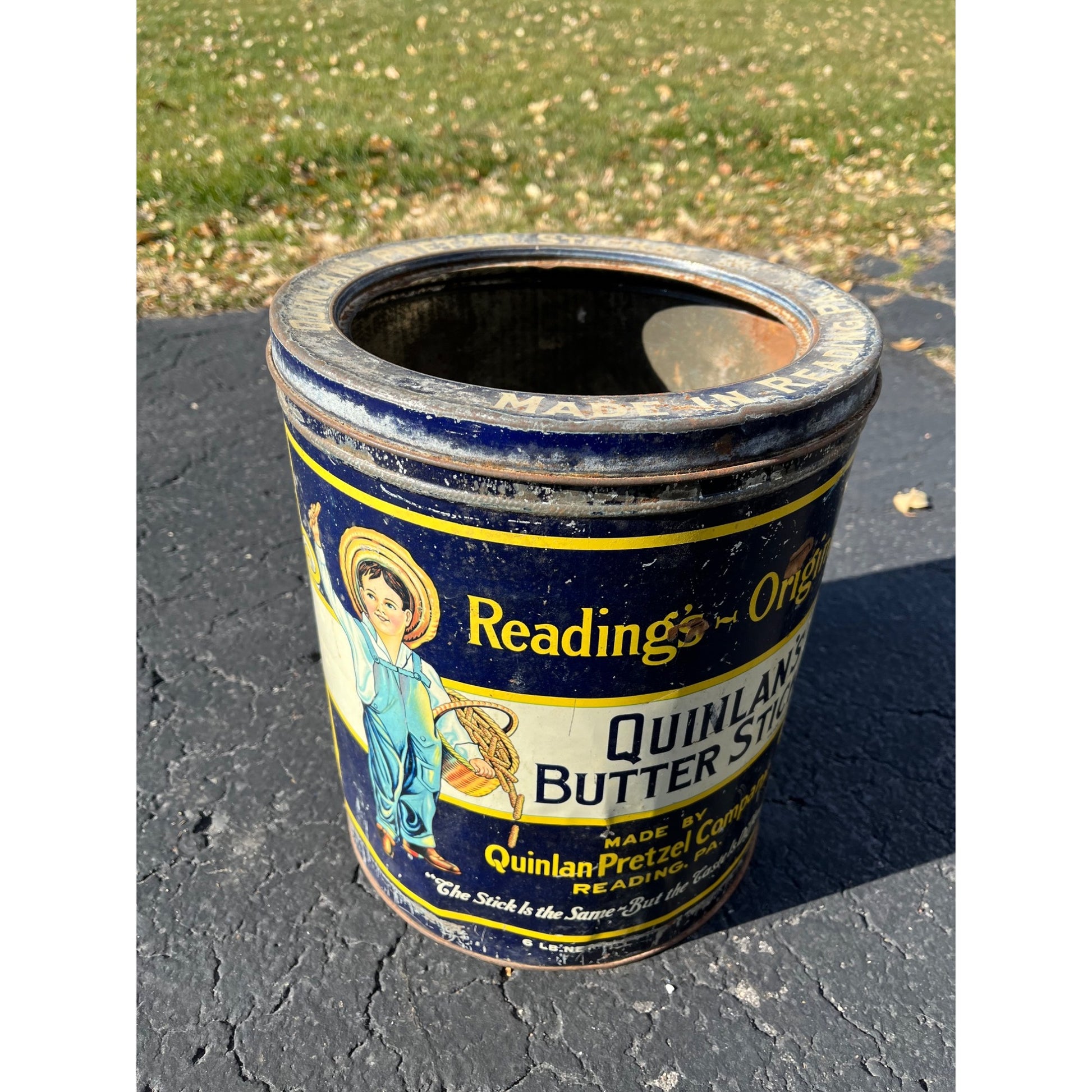 Vintage Quinlan's Buttered Sticks Pretzels Tin General Store Advertising Lid