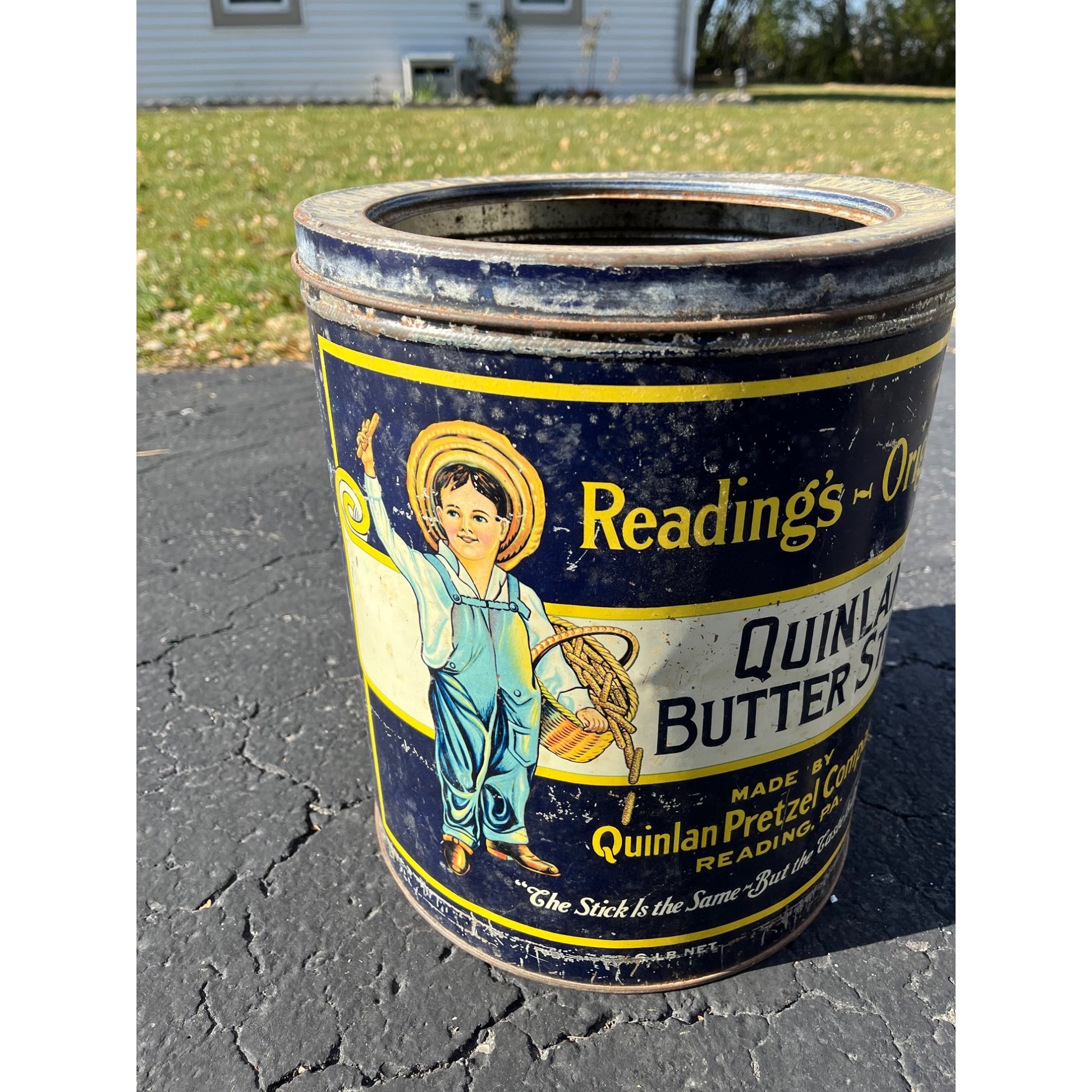 Vintage Quinlan's Buttered Sticks Pretzels Tin General Store Advertising Lid