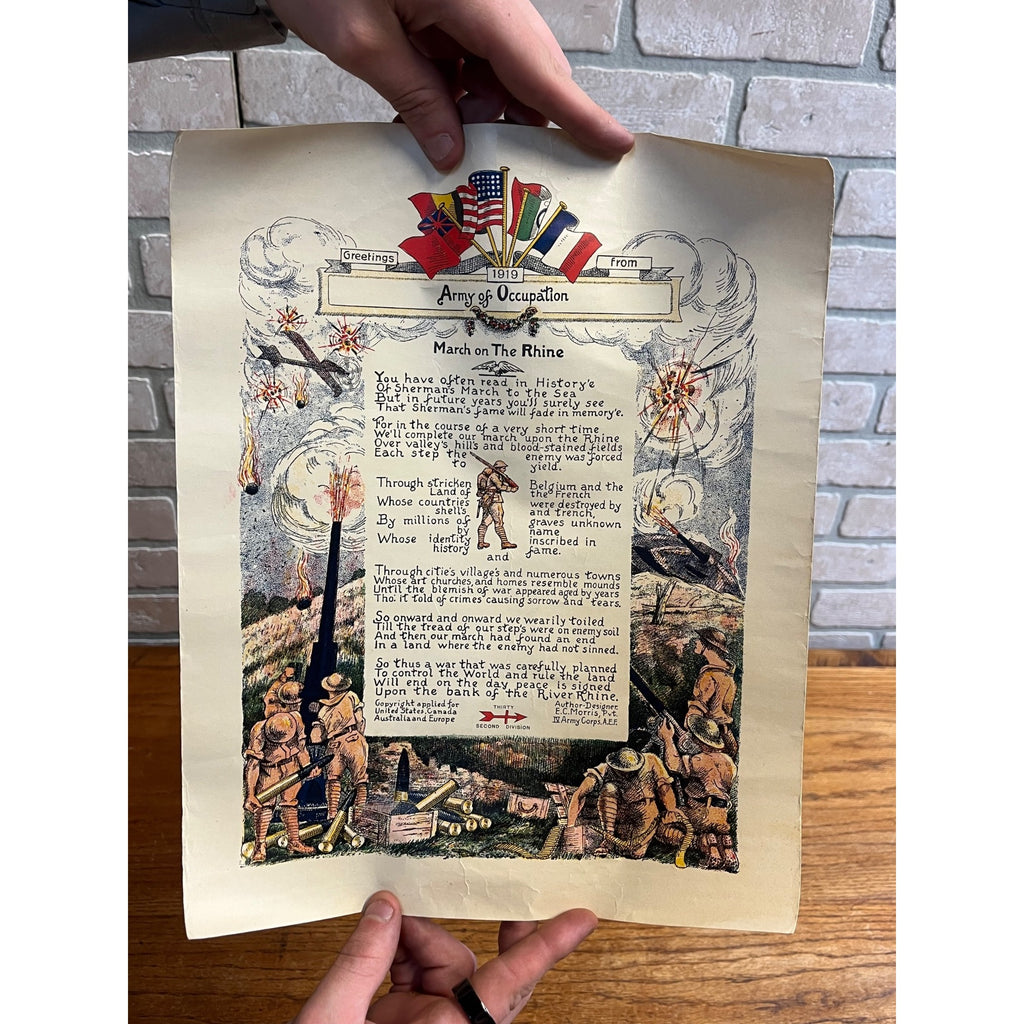 WWI US Army AEF 32nd Infantry Division March on Rhine Morris 1919 Litho Poster