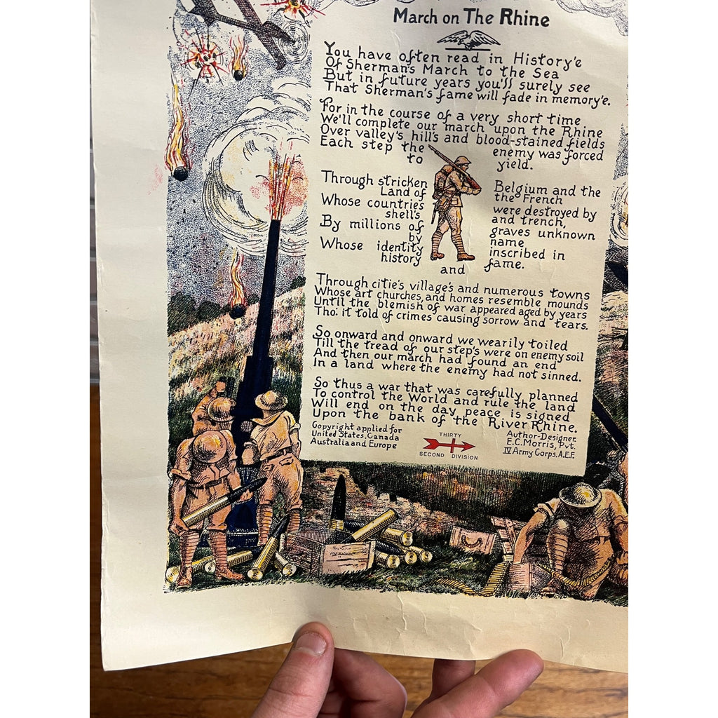 WWI US Army AEF 32nd Infantry Division March on Rhine Morris 1919 Litho Poster