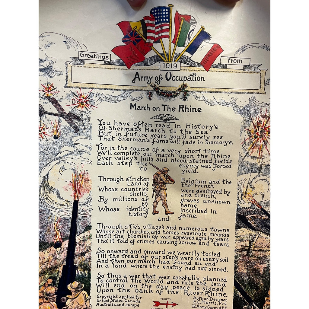 WWI US Army AEF 32nd Infantry Division March on Rhine Morris 1919 Litho Poster