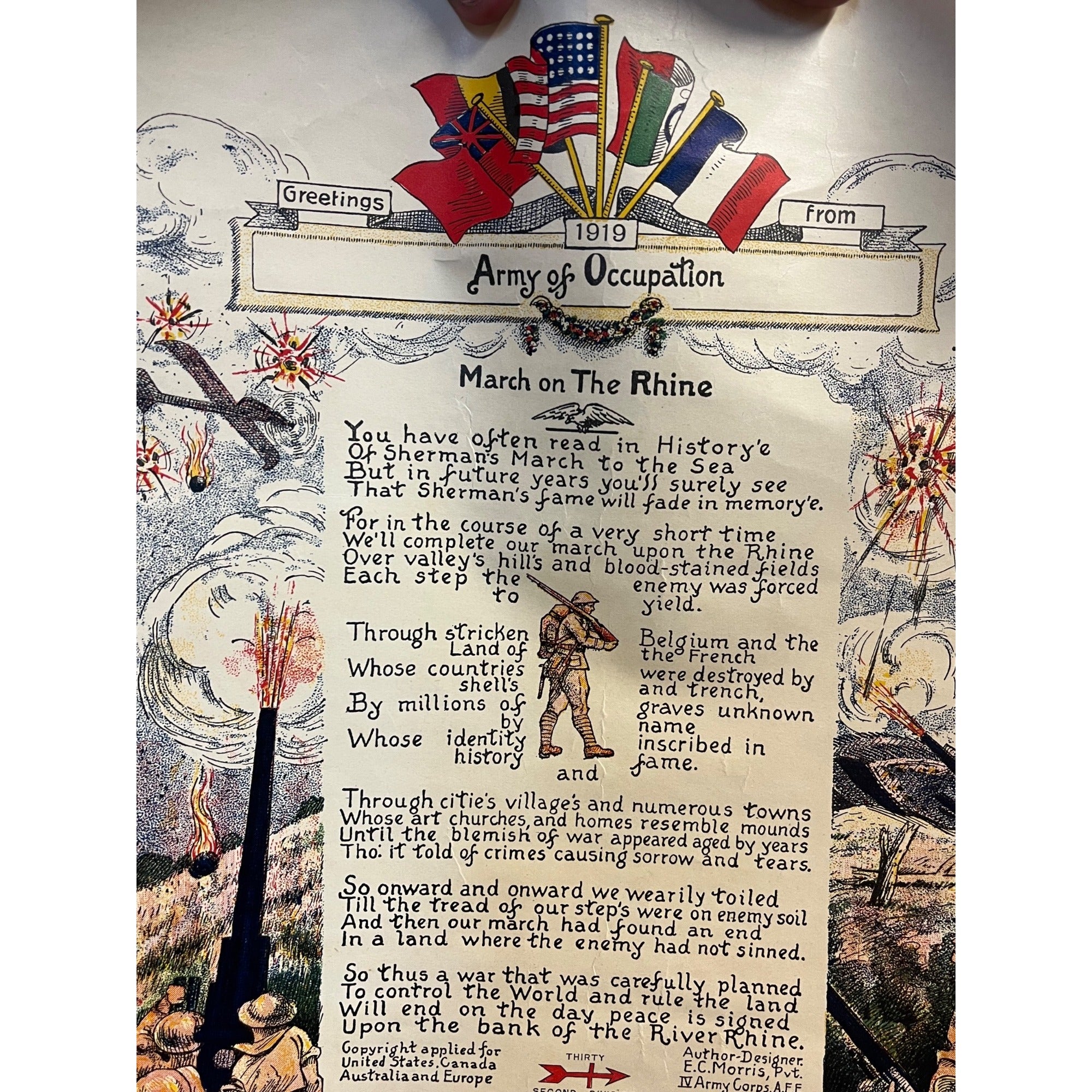 WWI US Army AEF 32nd Infantry Division March on Rhine Morris 1919 Litho Poster