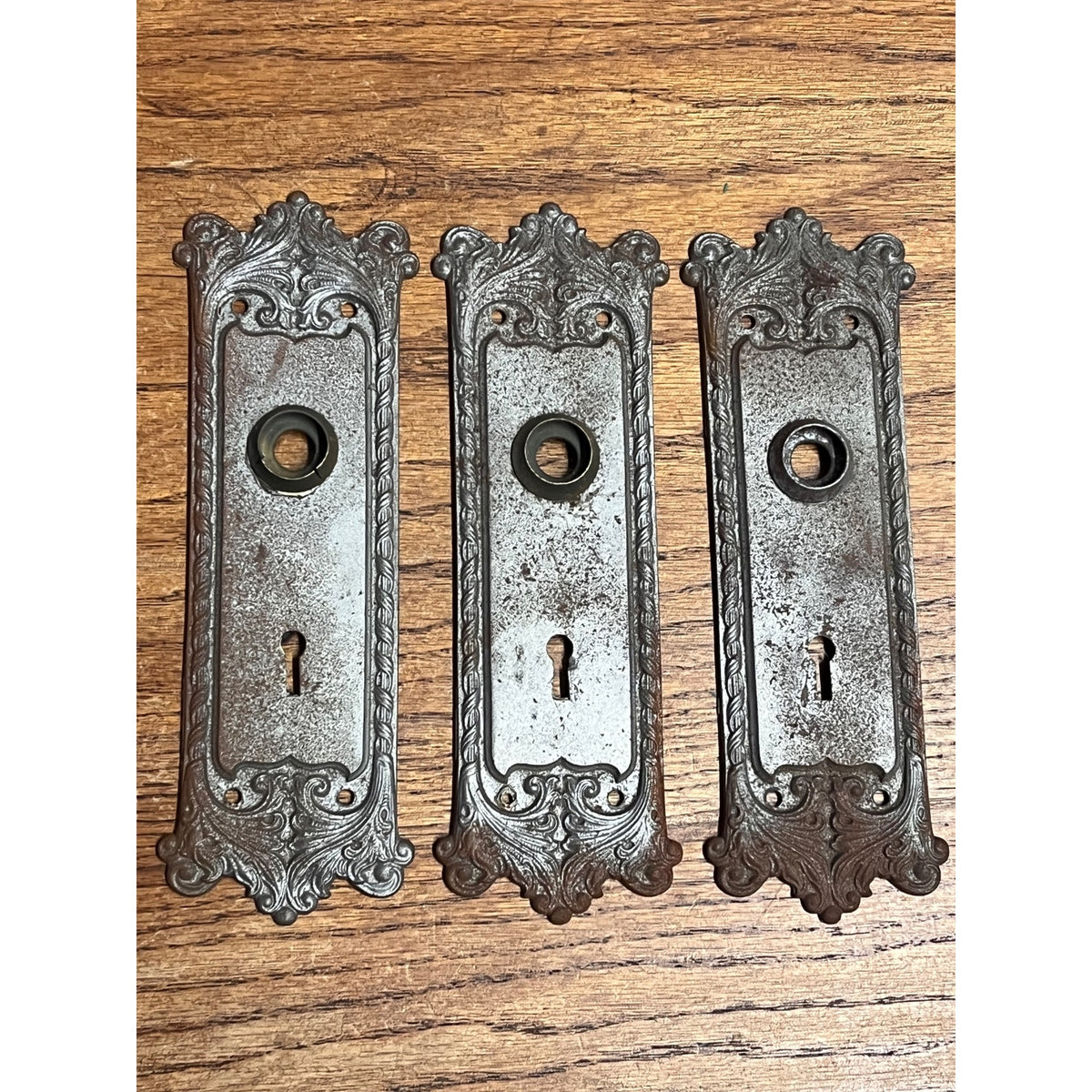 Antique Victorian Ornate Cast Iron Door Back Plates Skeleton Key Set of 3