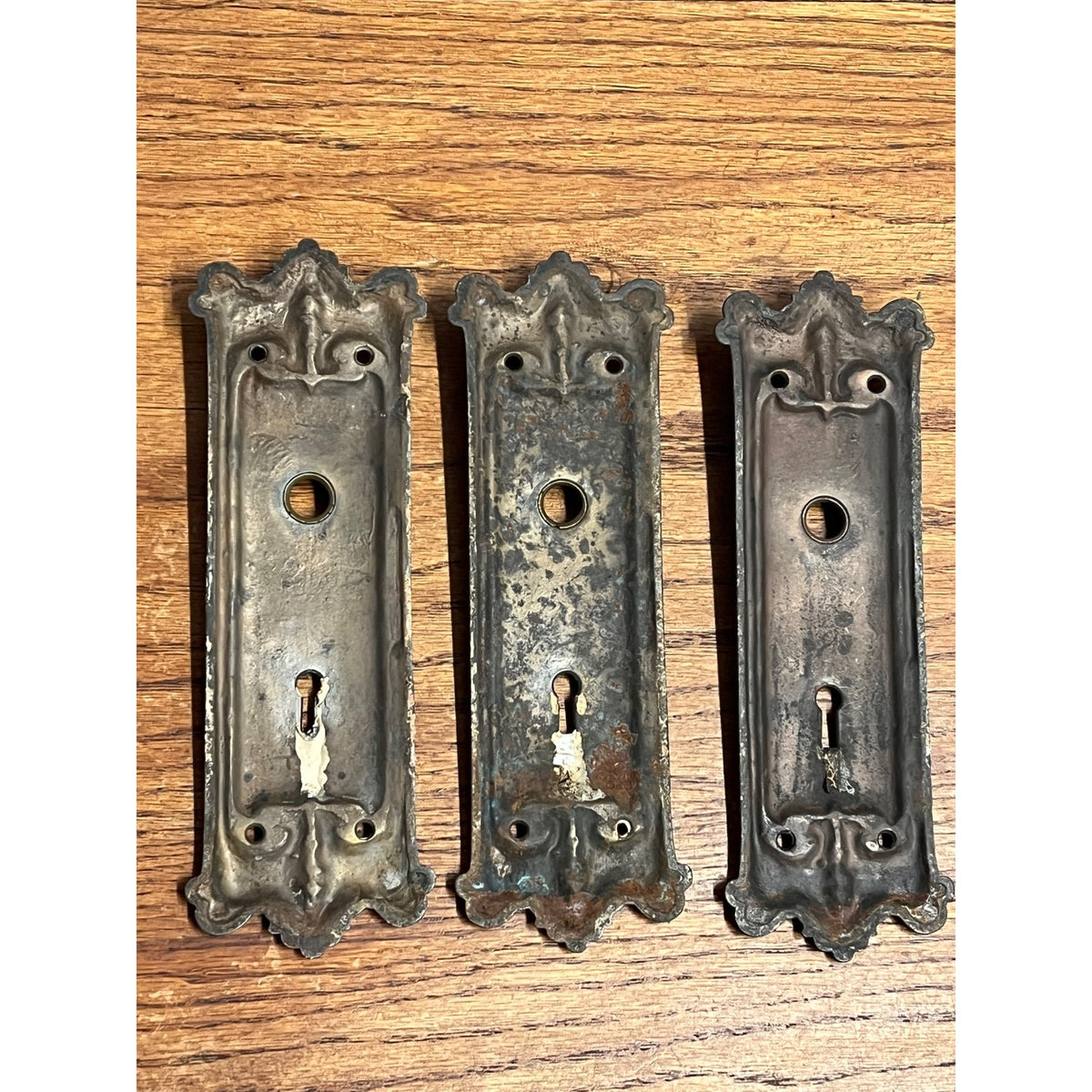 Antique Victorian Ornate Cast Iron Door Back Plates Skeleton Key Set of 3