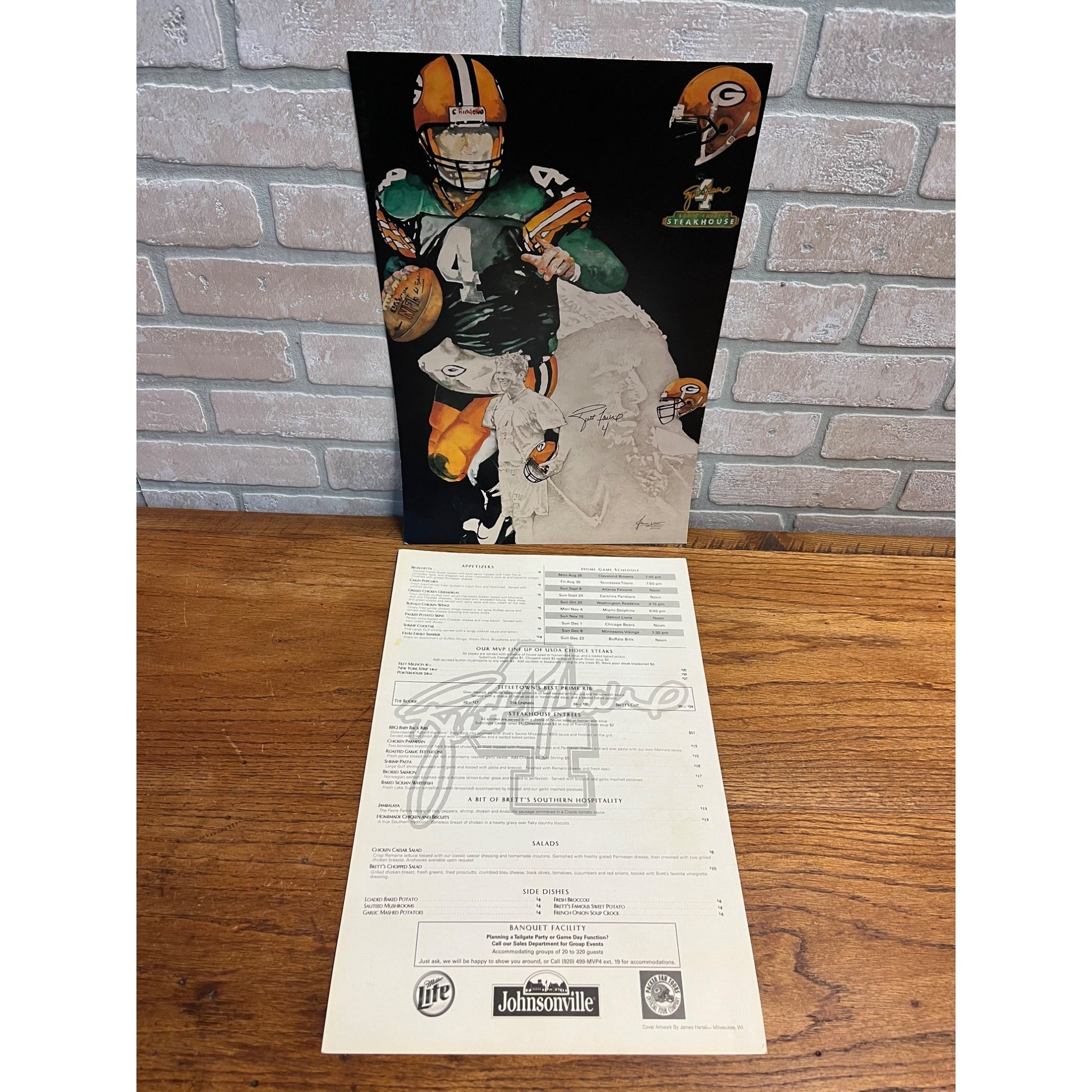 Brett Favre Steakhouse Restaurant Menu NFL Green Bay Packers 12x18