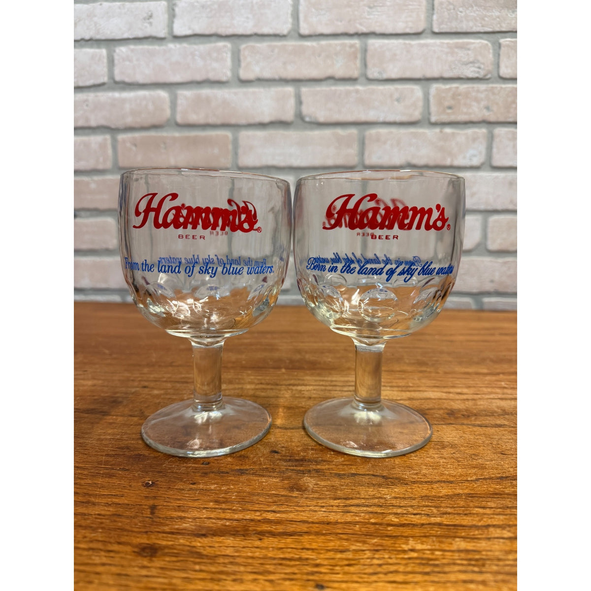 Vintage Set of Hamm's Beer Footed Thumbprint Goblet Glasses Two Versions of Slogan Breweriana