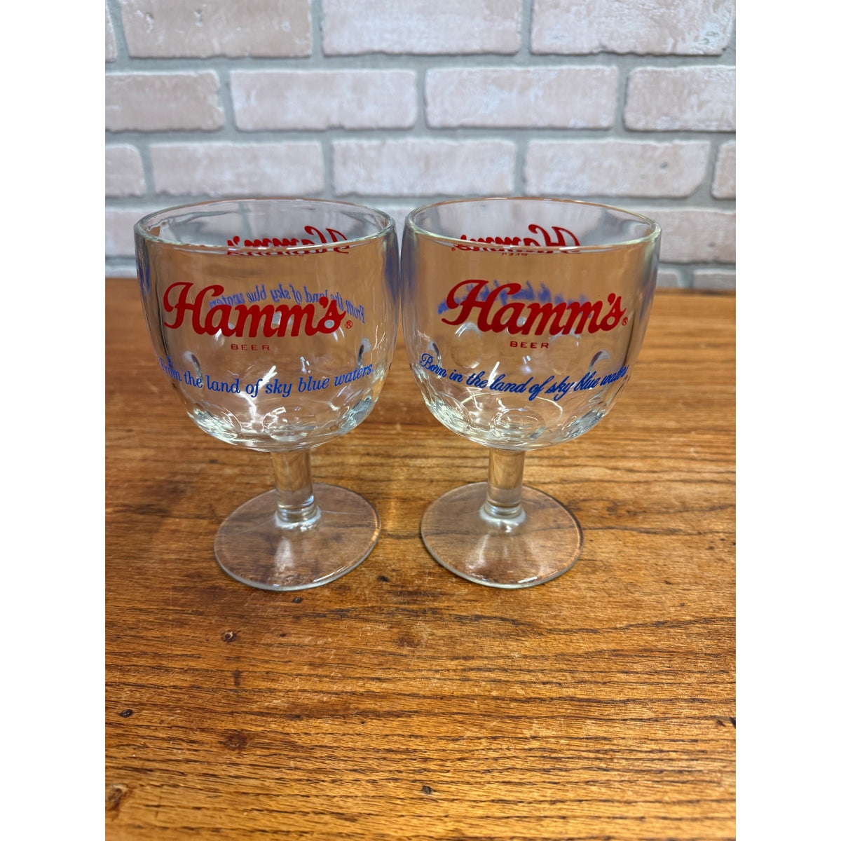 Vintage Set of Hamm's Beer Footed Thumbprint Goblet Glasses Two Versions of Slogan Breweriana