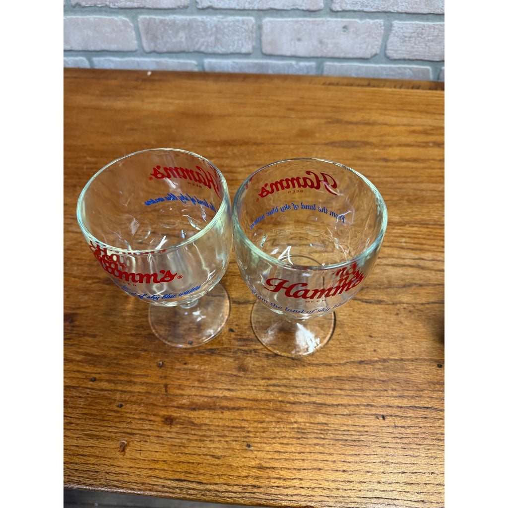 Vintage Set of Hamm's Beer Footed Thumbprint Goblet Glasses Two Versions of Slogan Breweriana