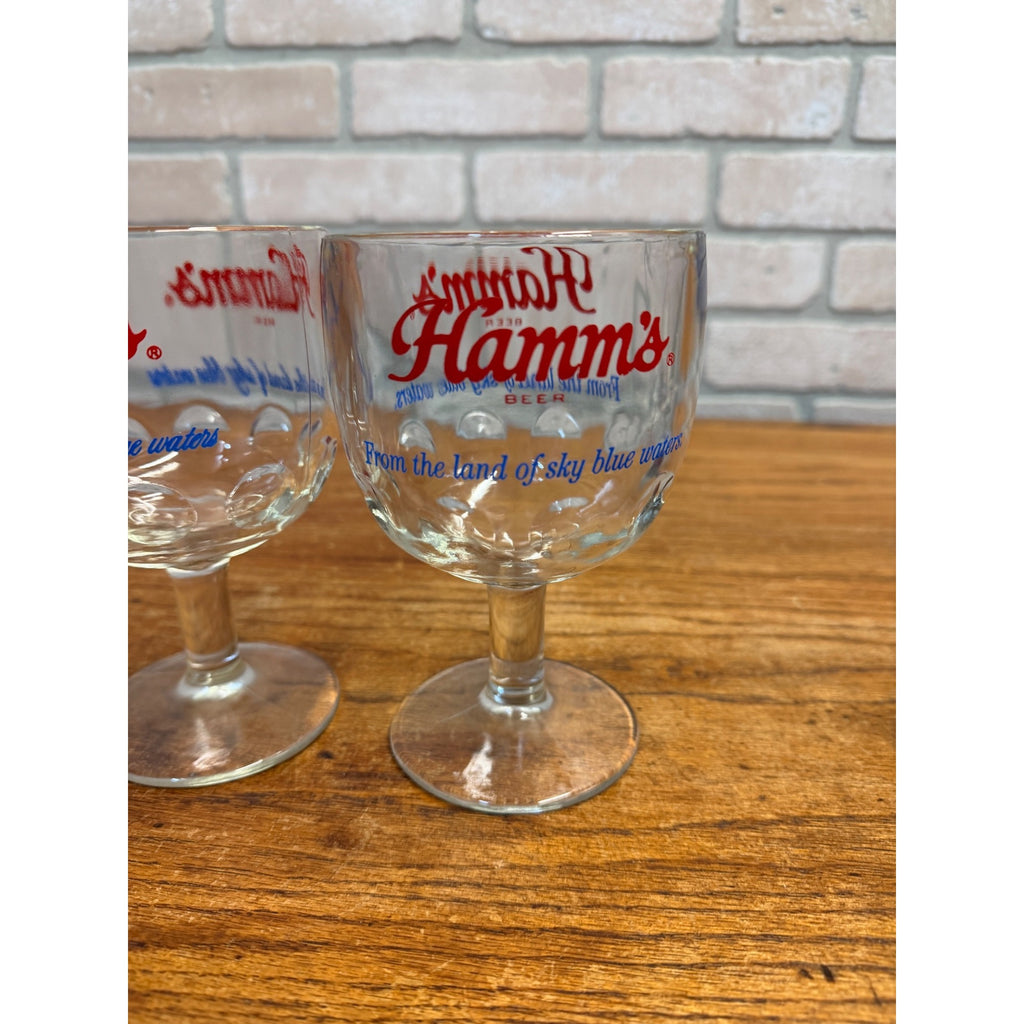Vintage Set of Hamm's Beer Footed Thumbprint Goblet Glasses Two Versions of Slogan Breweriana