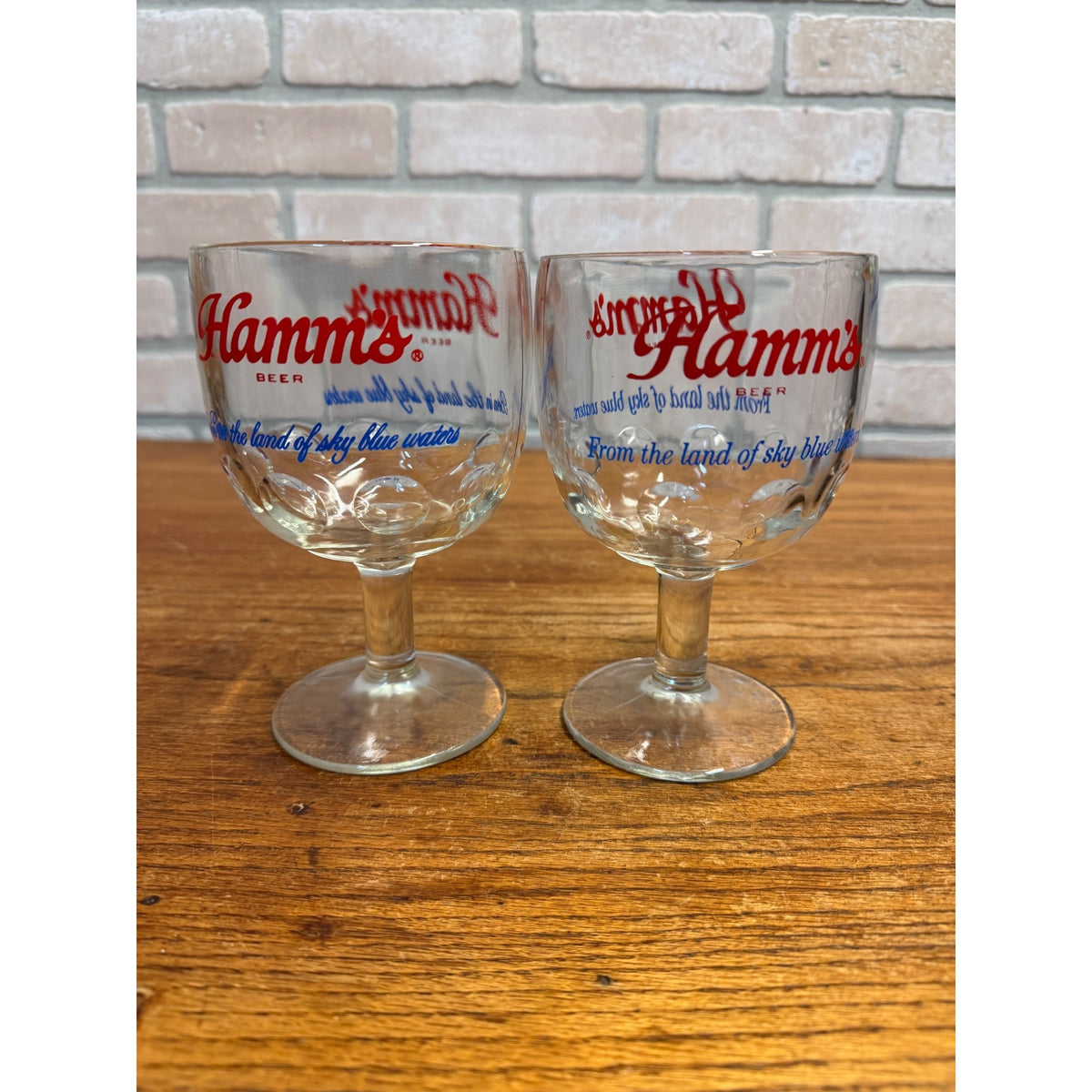 Vintage Set of Hamm's Beer Footed Thumbprint Goblet Glasses Two Versions of Slogan Breweriana