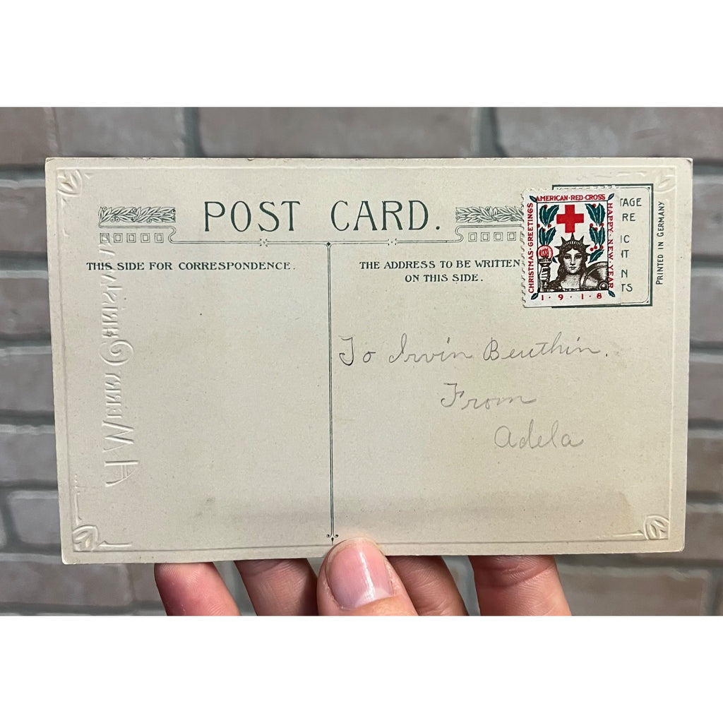 Vintage 1918 Christmas Postcard w/ Christmas Seal Tied US American Red Cross
