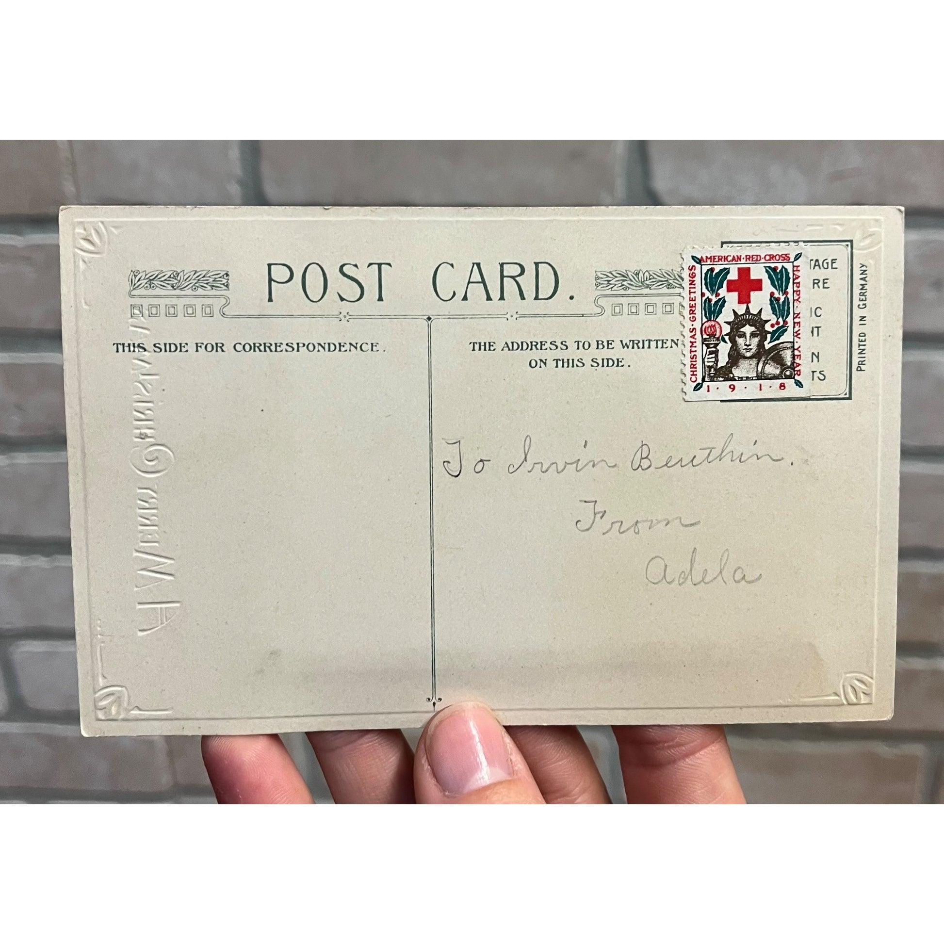 Vintage 1918 Christmas Postcard w/ Christmas Seal Tied US American Red Cross