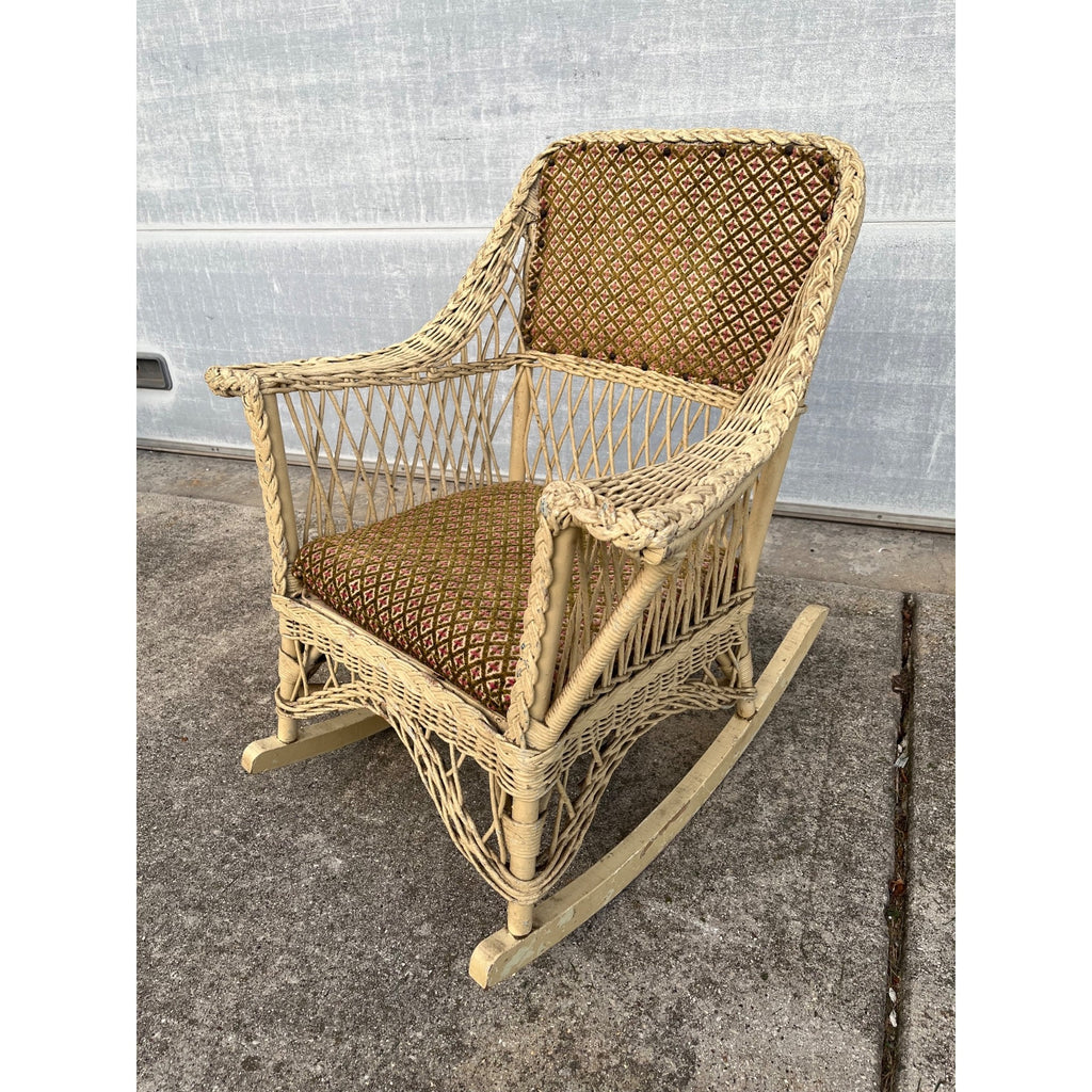 Antique c1900 Victorian Wicker Rattan Rocking Chair Braided Reed Rocker Original