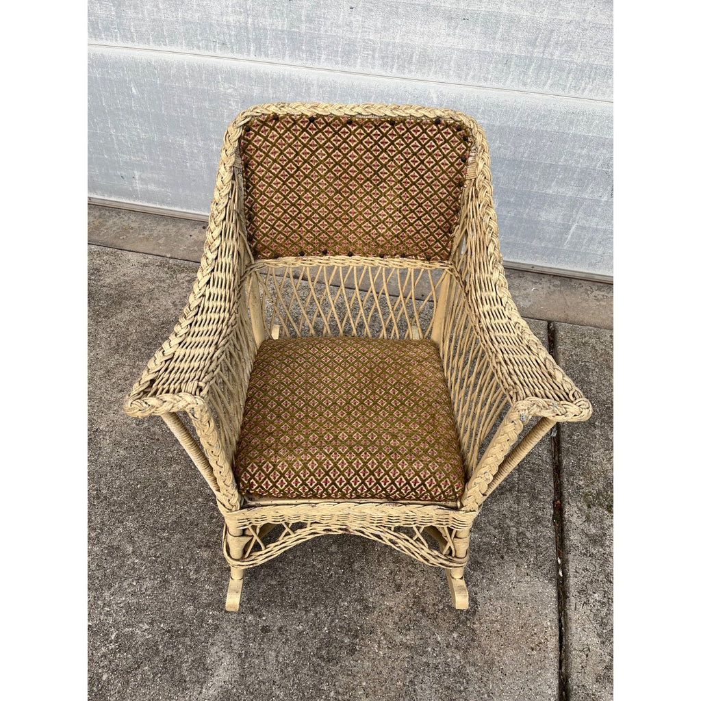 Antique c1900 Victorian Wicker Rattan Rocking Chair Braided Reed Rocker Original