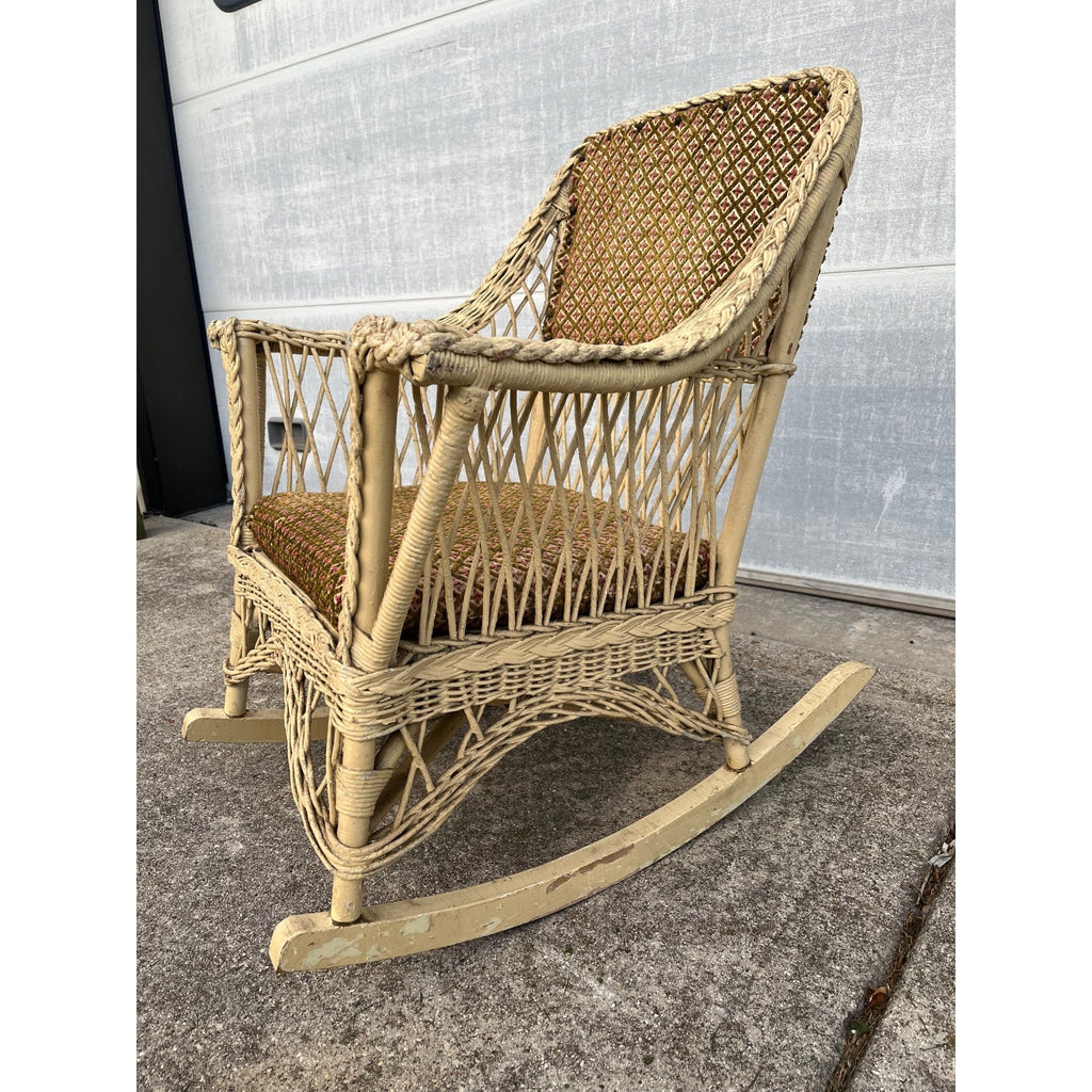 Antique c1900 Victorian Wicker Rattan Rocking Chair Braided Reed Rocker Original