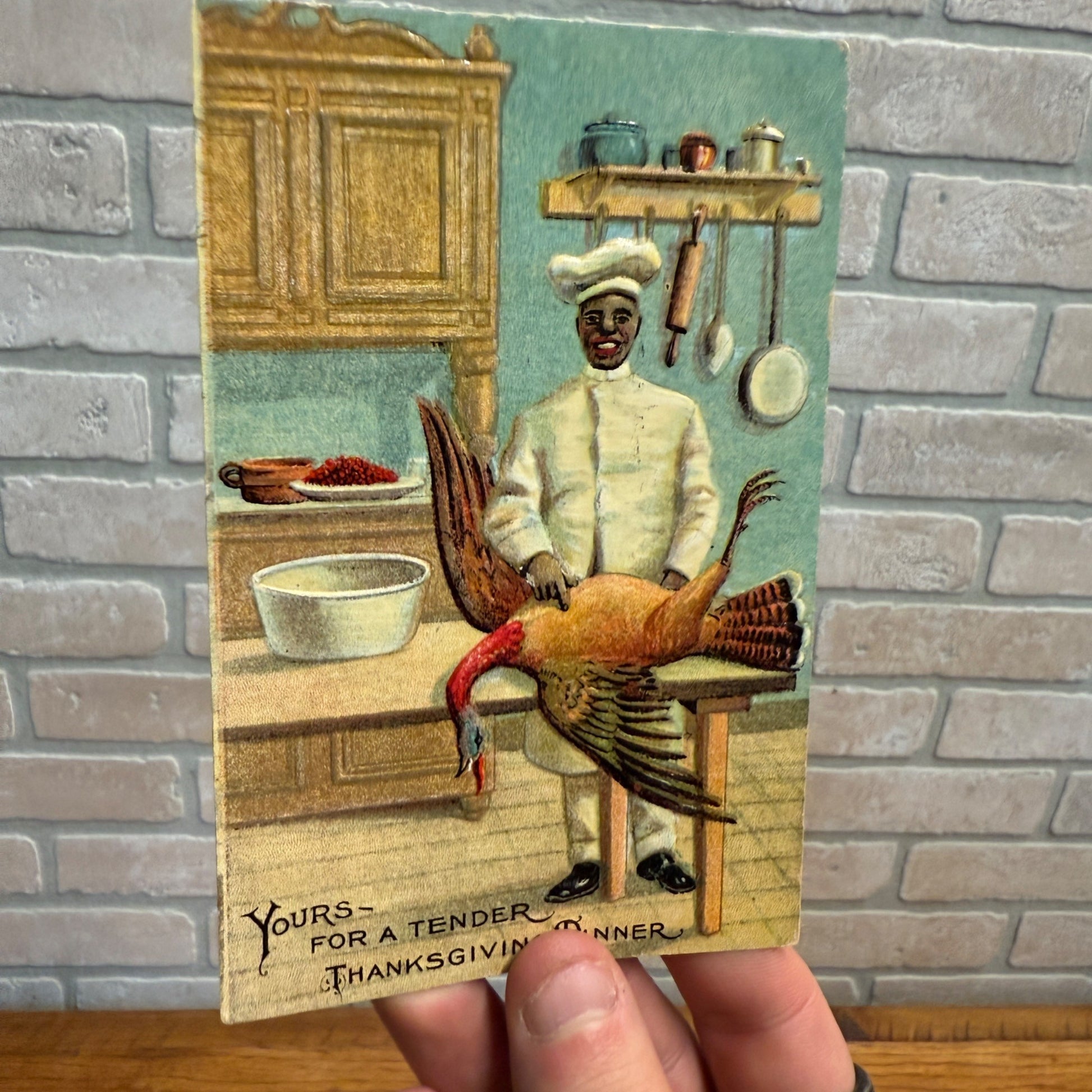 Vintage Thanksgiving Colored Chef Americana Postcard Turkey Butchering