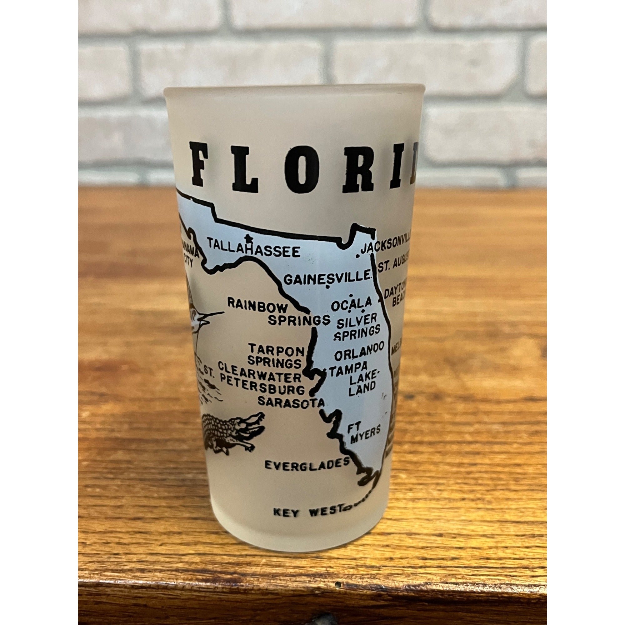Vintage Frosted State Drinking Glass Florida Hazel Atlas Map and Flamingo Alligator Swordfish Decoration