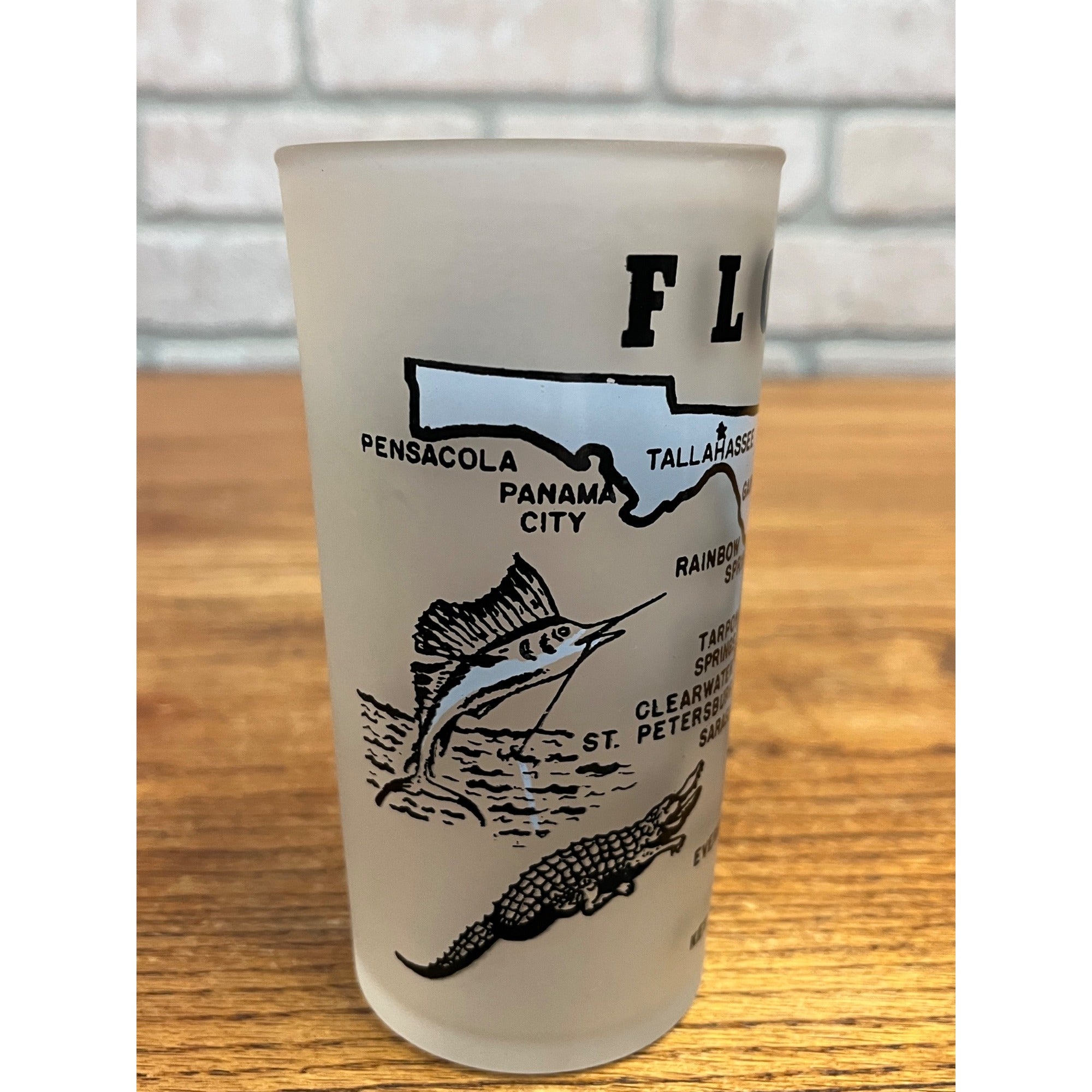 Vintage Frosted State Drinking Glass Florida Hazel Atlas Map and Flamingo Alligator Swordfish Decoration