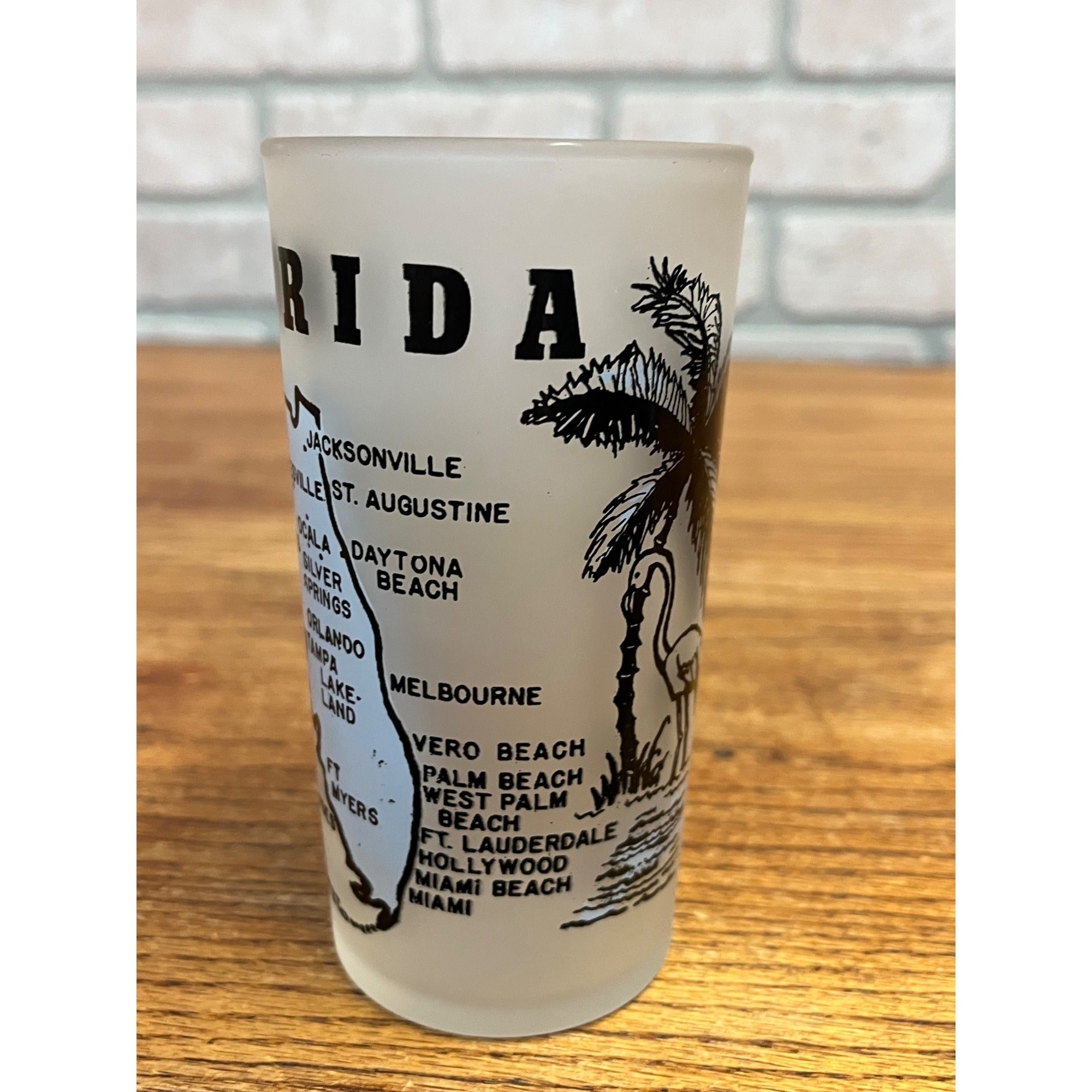 Vintage Frosted State Drinking Glass Florida Hazel Atlas Map and Flamingo Alligator Swordfish Decoration