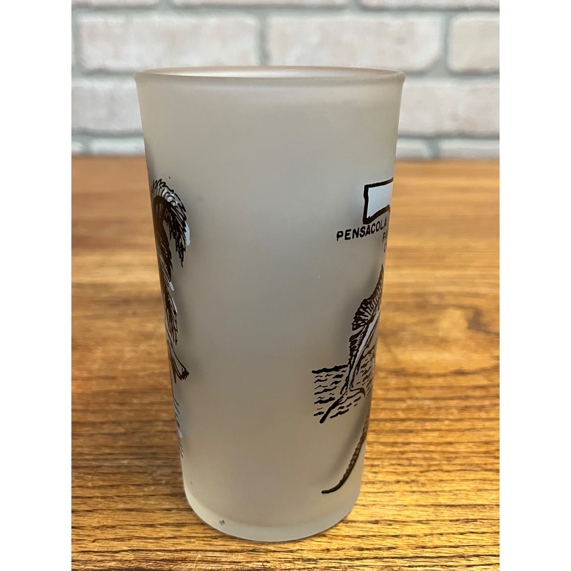 Vintage Frosted State Drinking Glass Florida Hazel Atlas Map and Flamingo Alligator Swordfish Decoration
