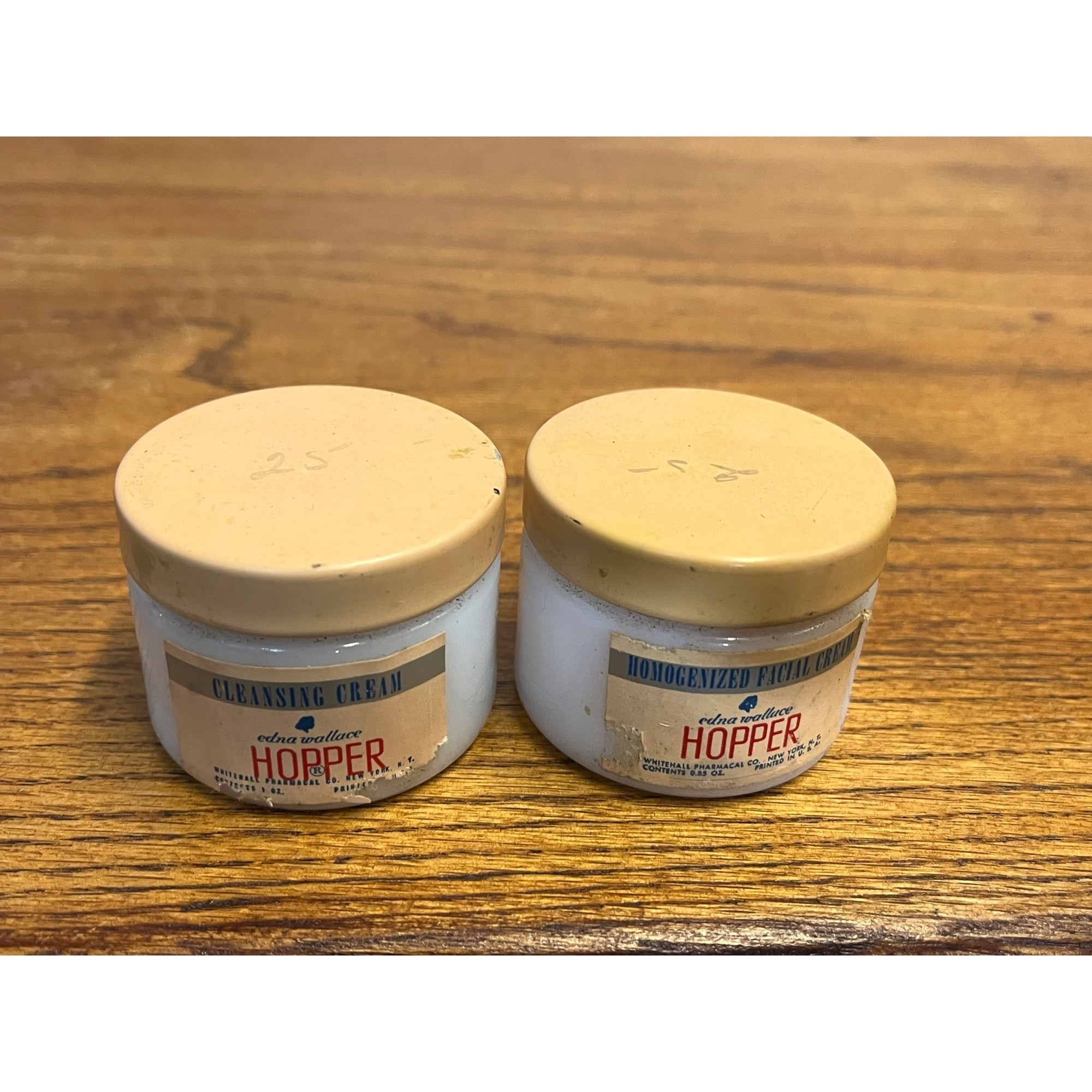 Vintage 1940s Edna Wallace Hopper's Facial Cream Milk Glass Jars w/ Contents